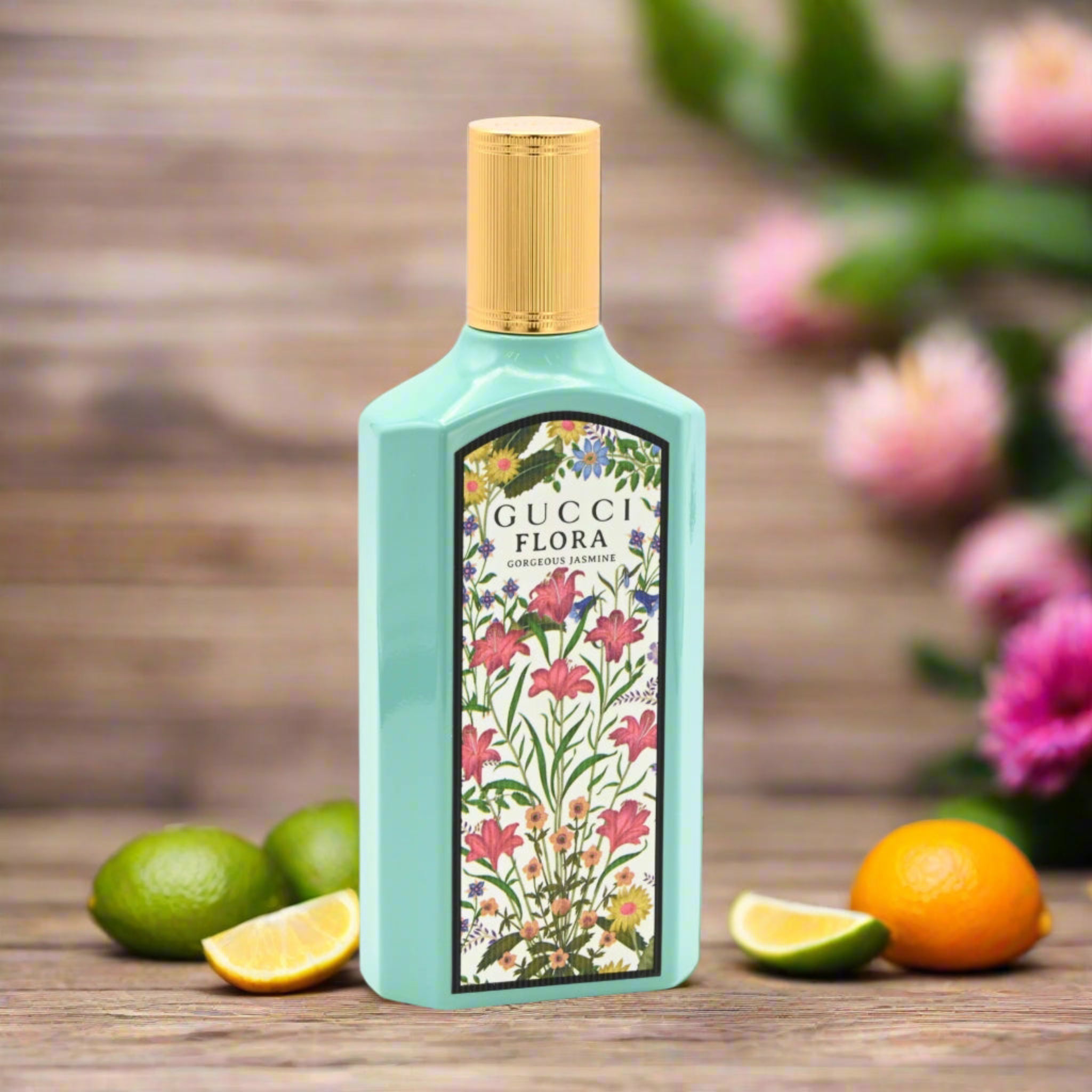 Gucci Flora perfume bottle with floral design on a wooden surface with fruits and flowers.