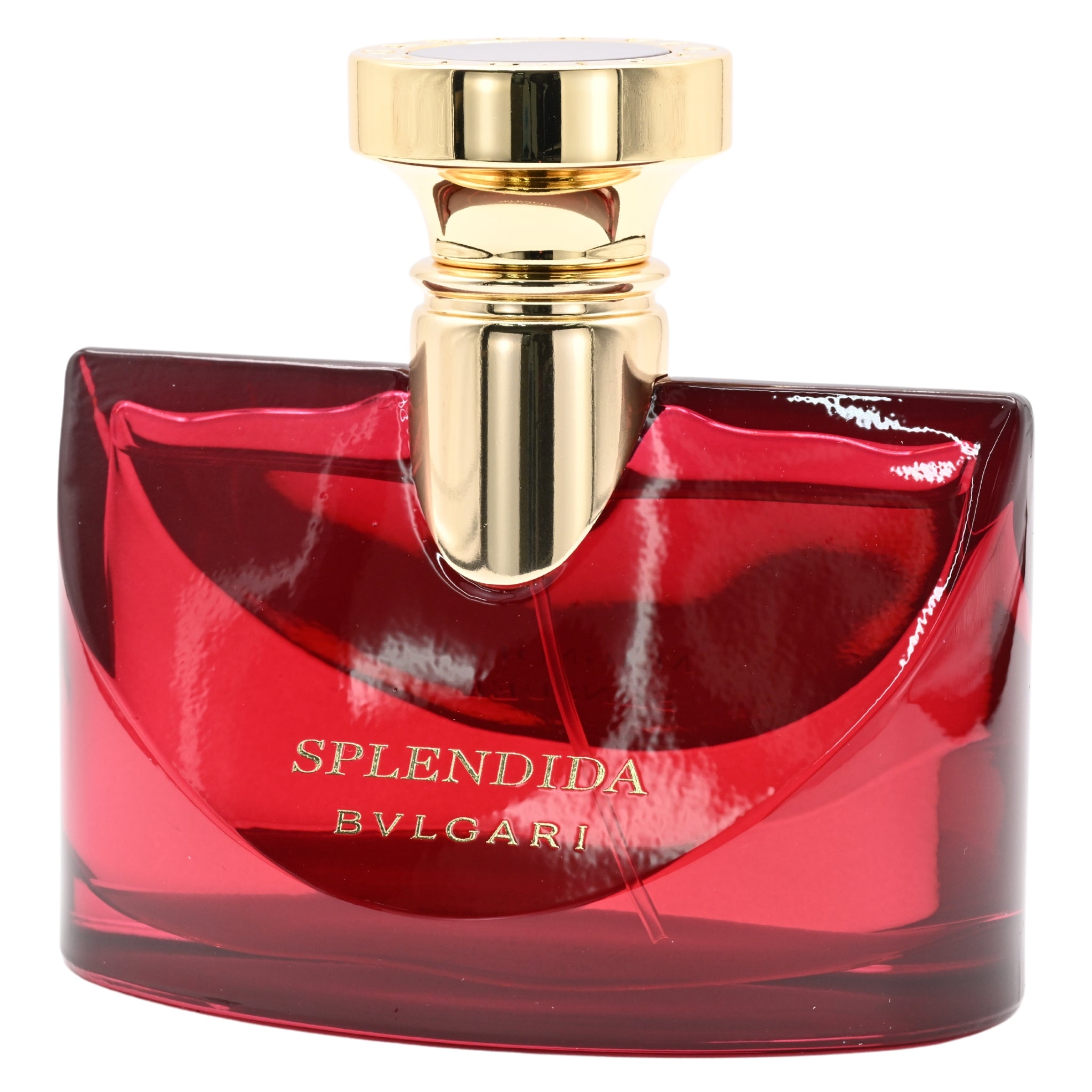 Bulgari Splendida perfume bottle with red base and gold cap on a white background