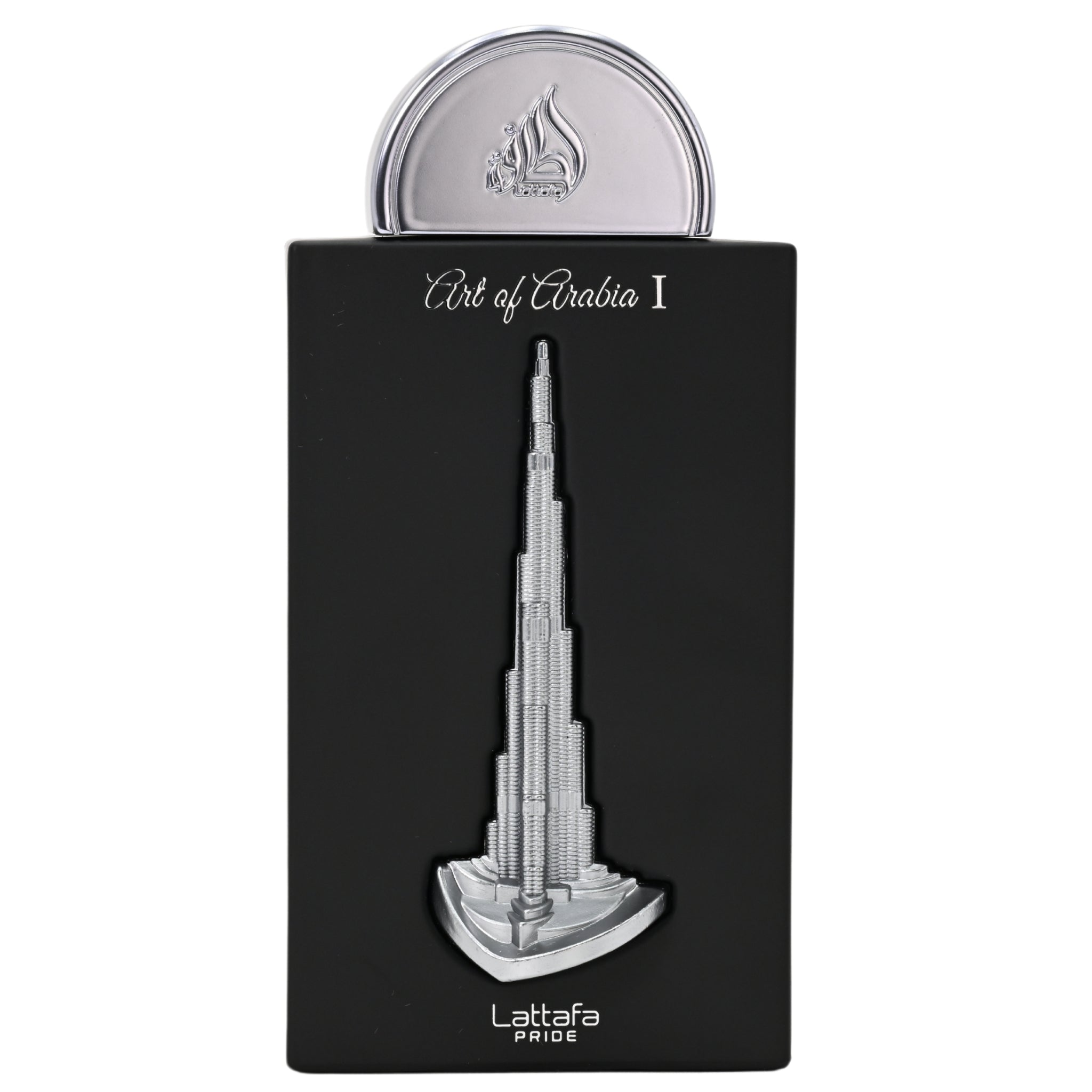Lattafa perfume bottle with Burj Khalifa design on a black background