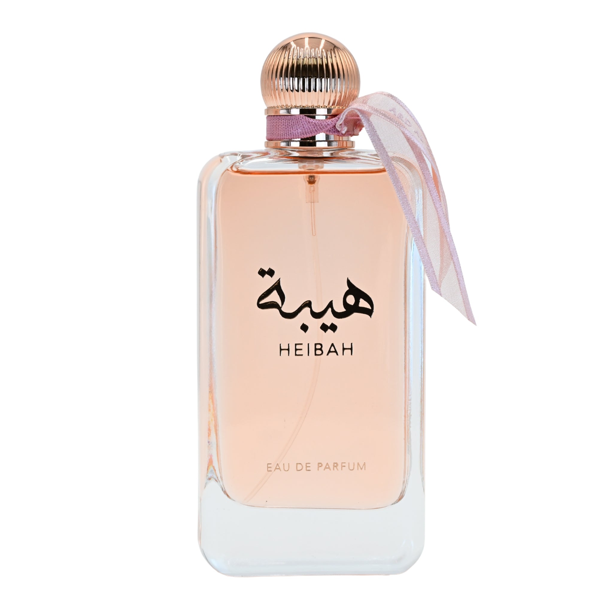 Perfume bottle labeled 'HEIBAH' with a pink cap and ribbon on a white background