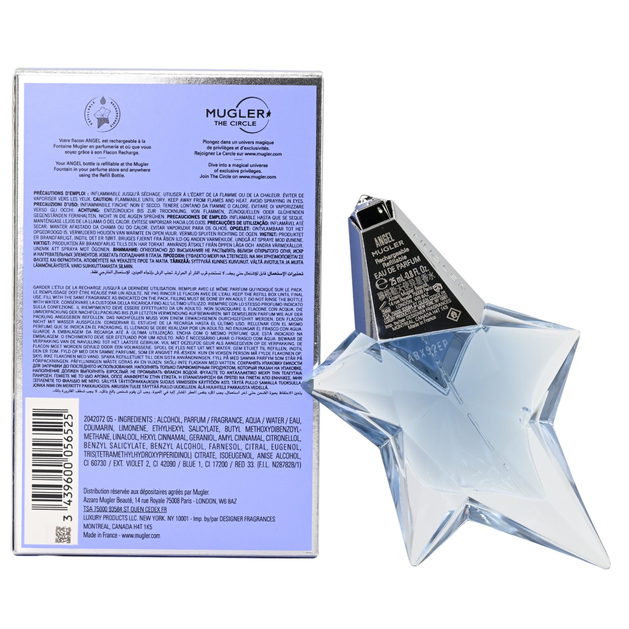 Star shaped Thierry Mugler perfume bottle and box on a white background