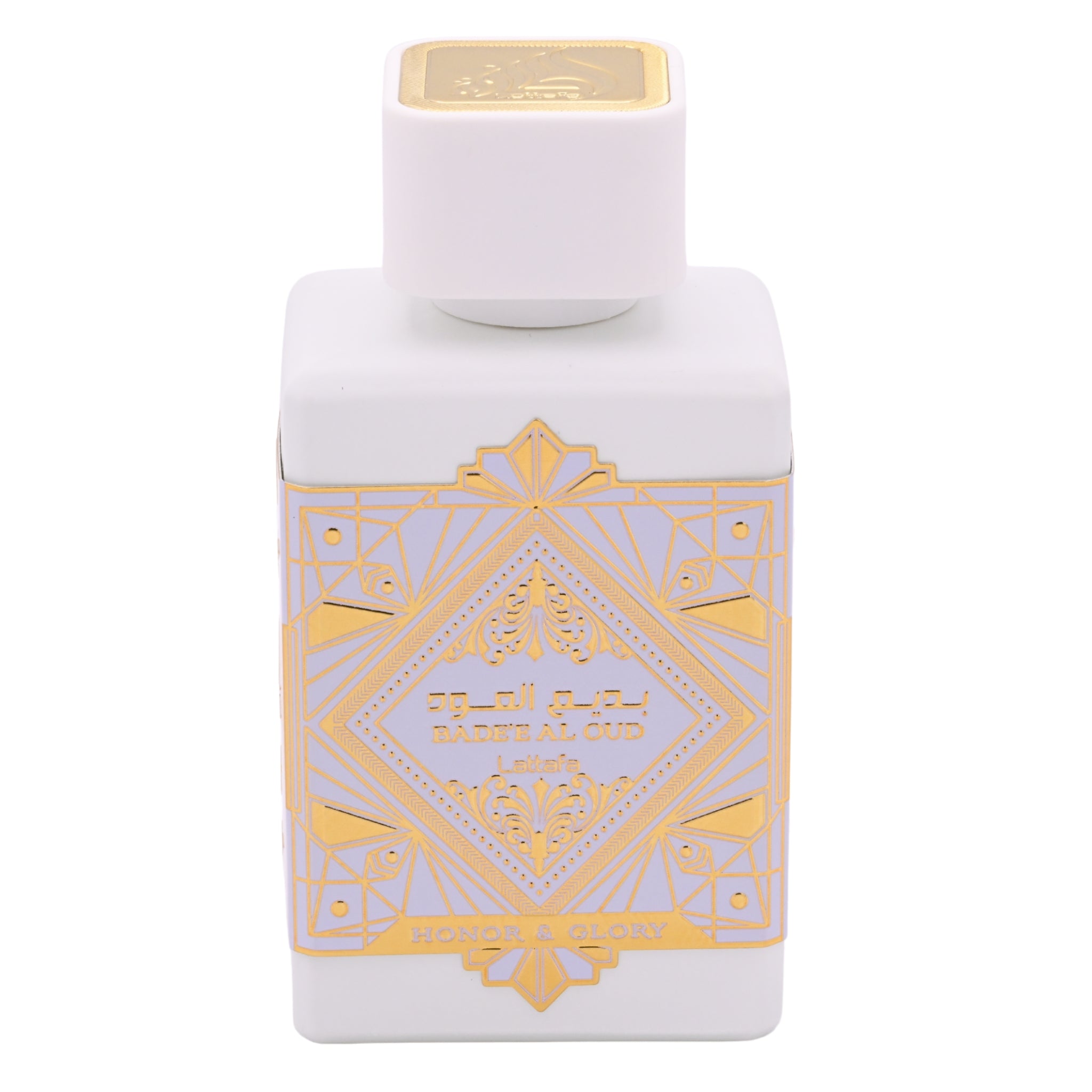 Perfume bottle with geometric design and gold accents on a white background