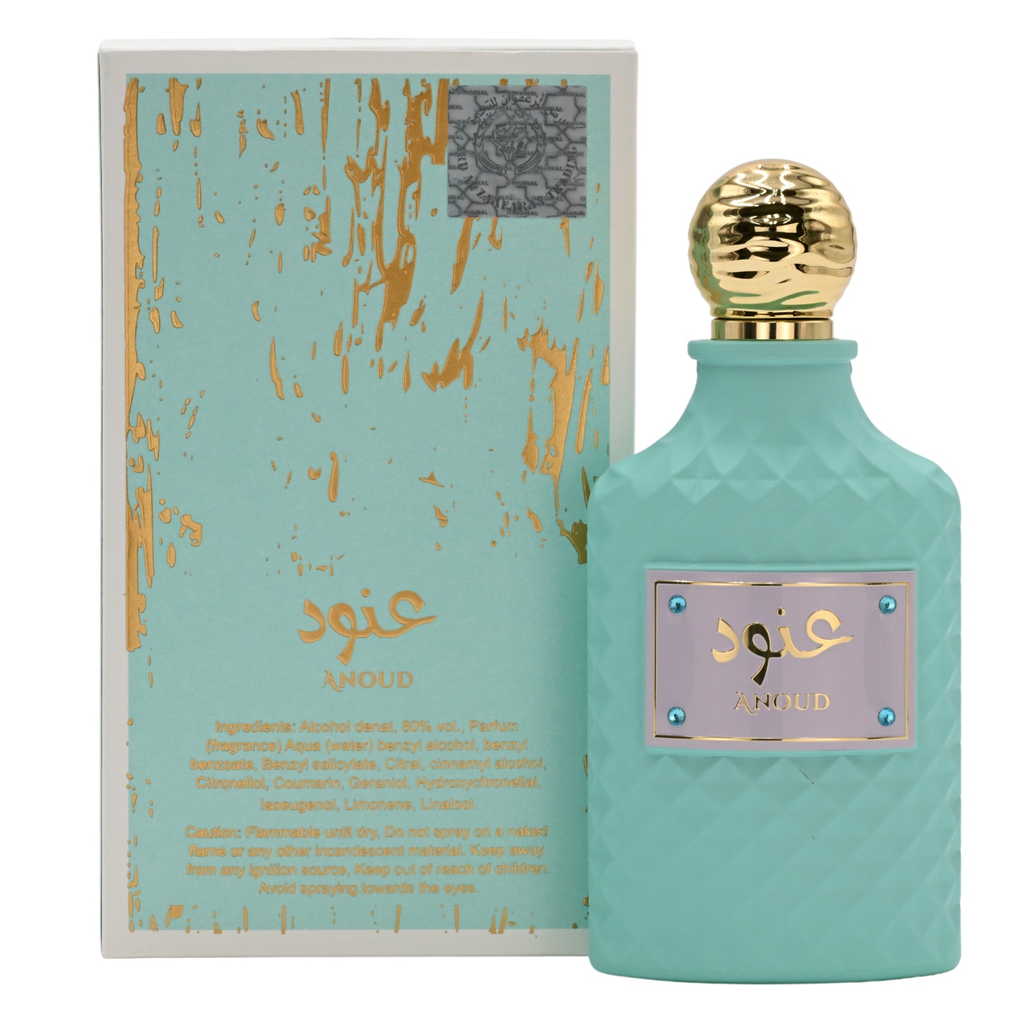 Turquoise perfume bottle with gold cap and matching box on a white background