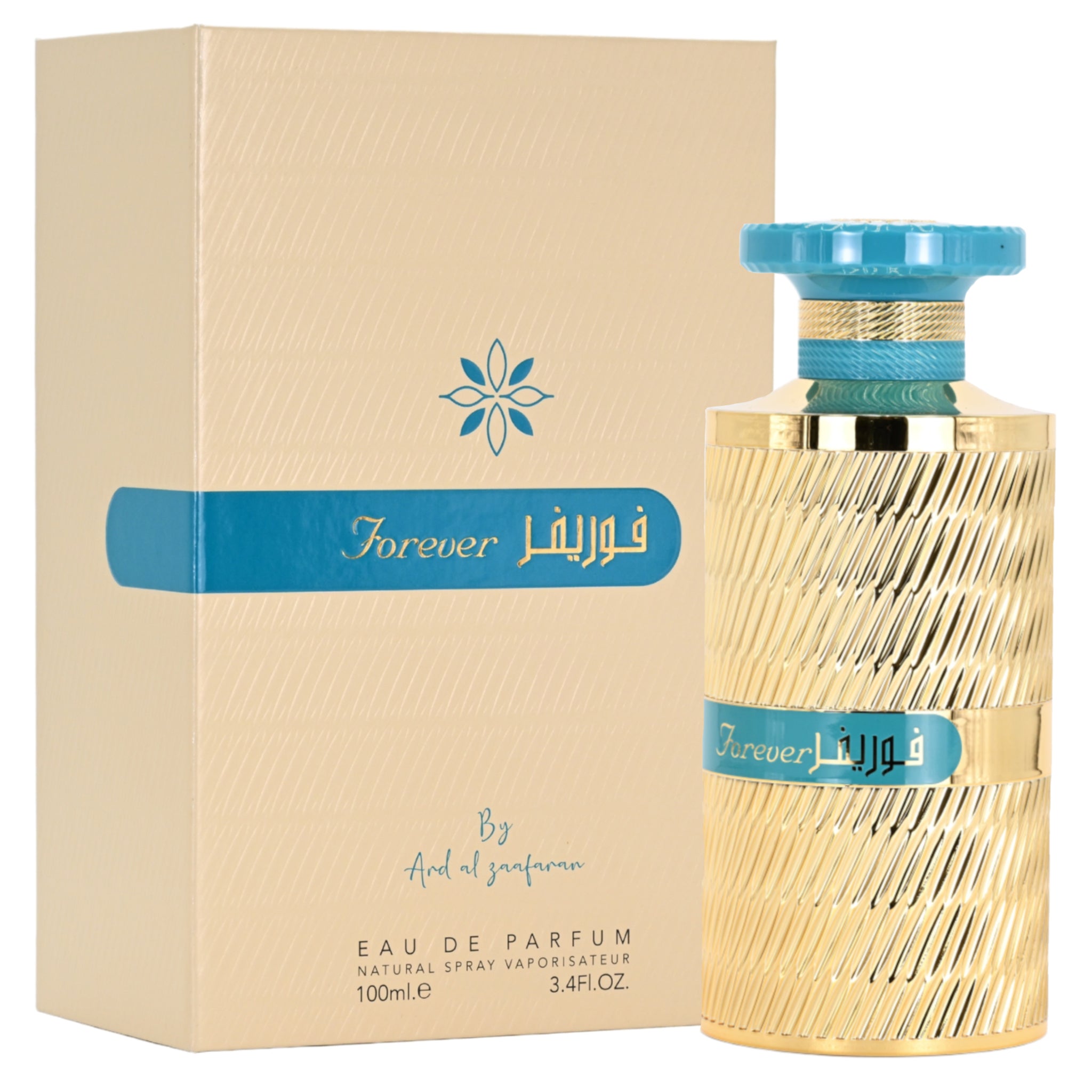 Perfume bottle and packaging of 'Forever' by Ard Al Zaafaran on a beige background
