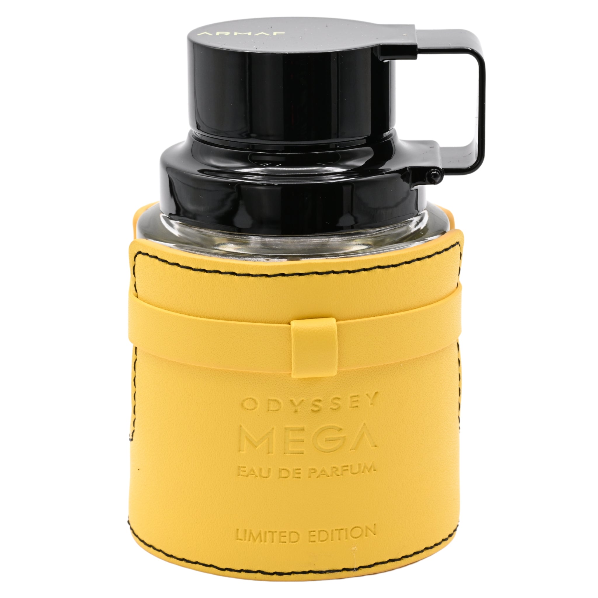 Parfum bottle with yellow cover and black cap on a white background