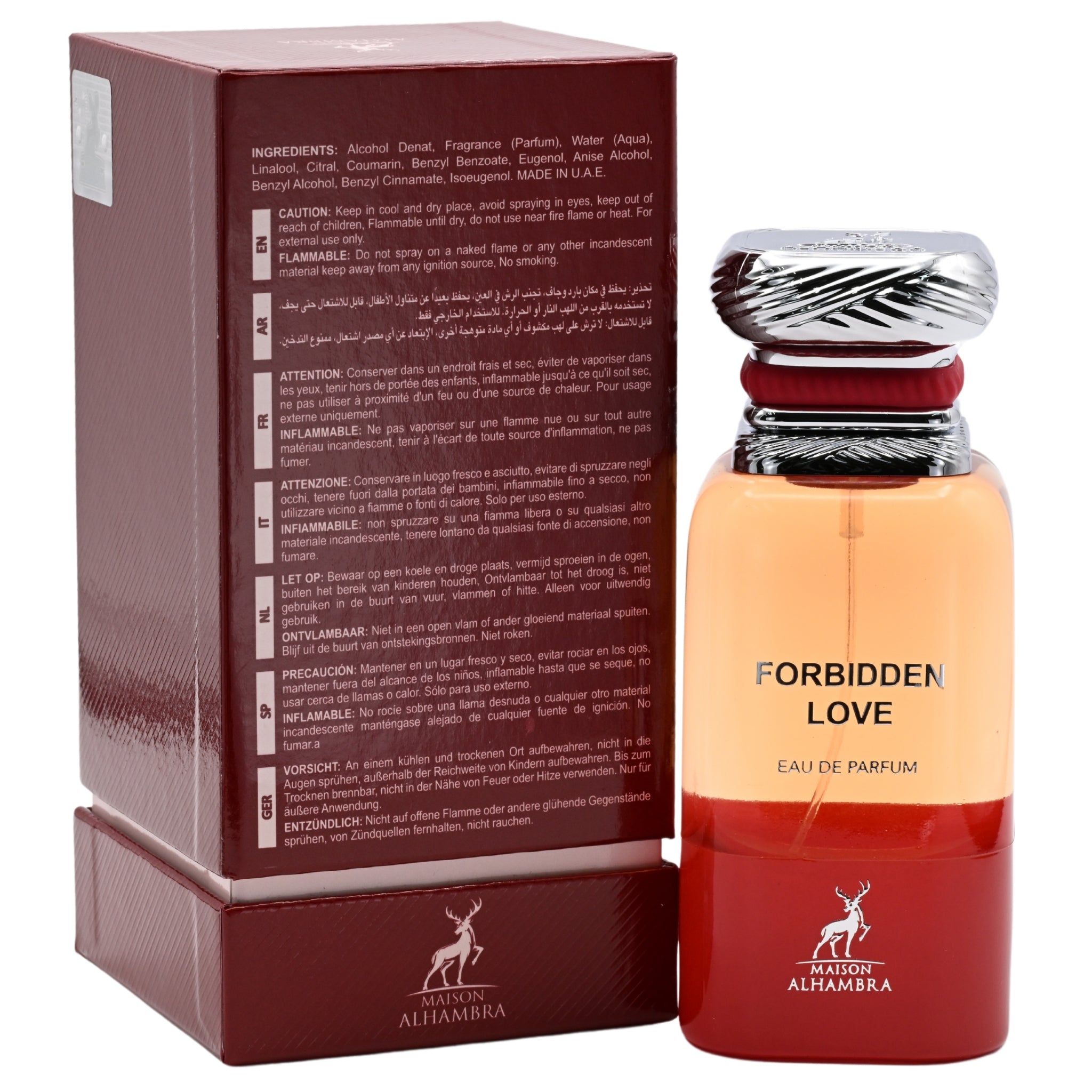 Perfume bottle and packaging of 'Forbidden Love' by Maison Alhambra on a white background