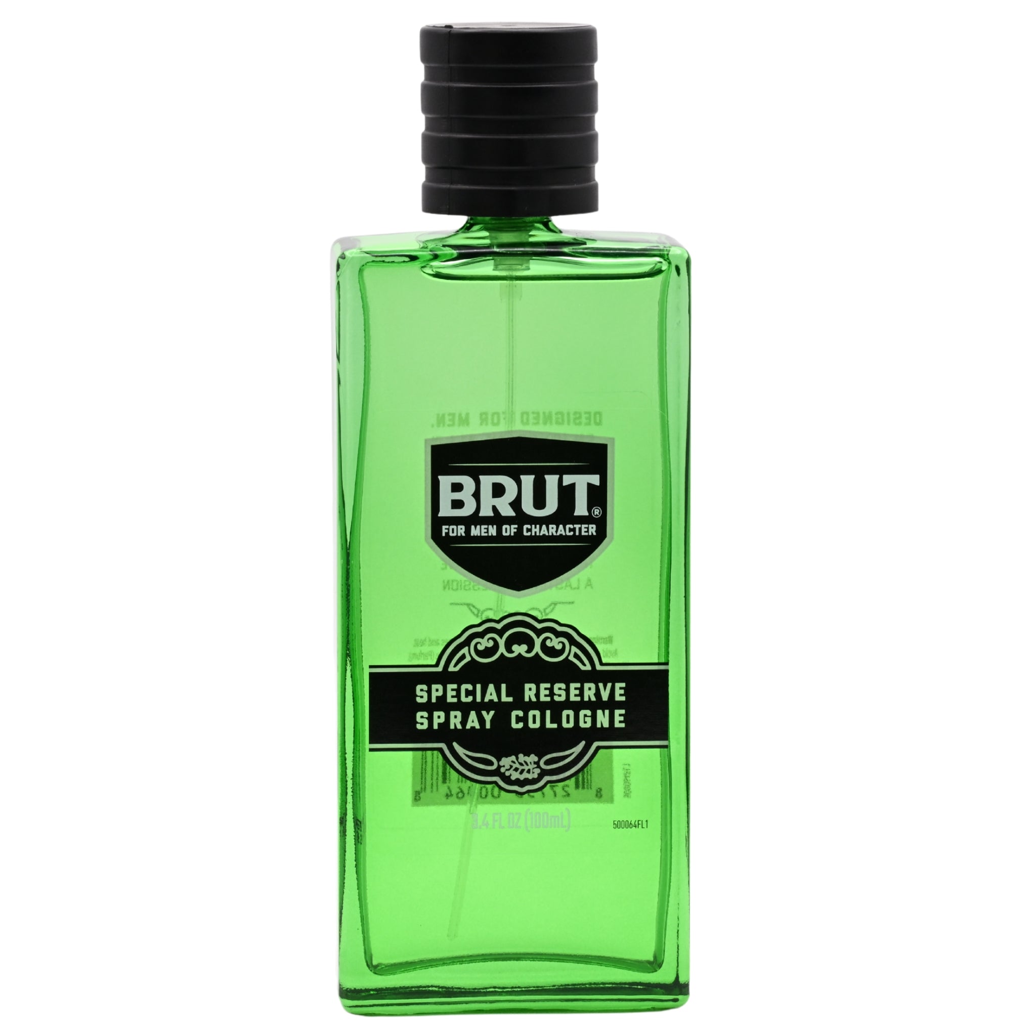 Green bottle of Brut Special Reserve Spray Cola on a white background