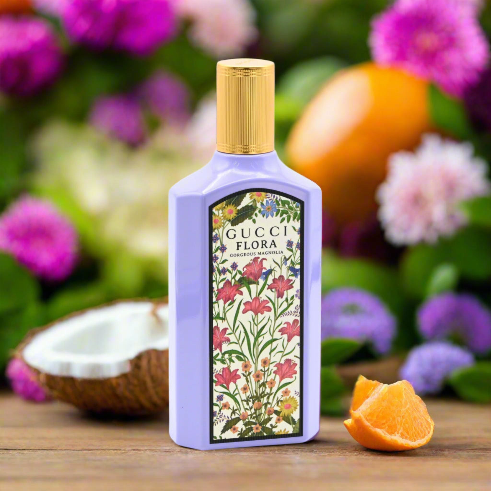 Gucci Flora bottle with floral design on a wooden surface with flowers and fruits in the background