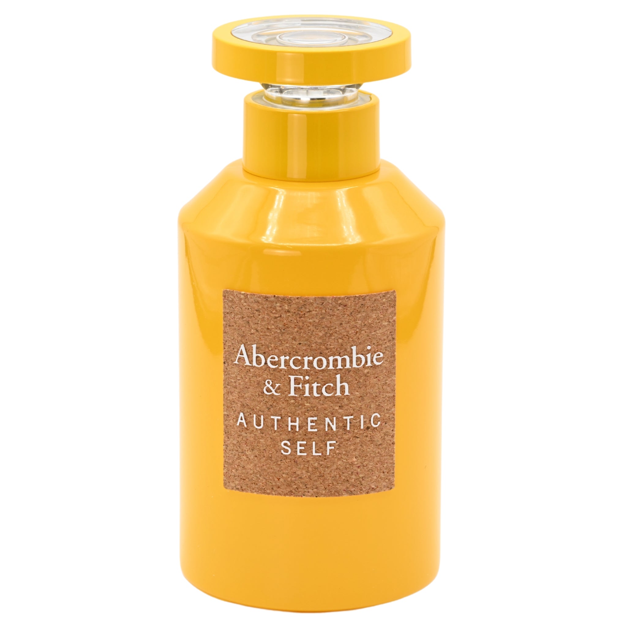 Yellow Abercrombie & Fitch perfume bottle on a white background