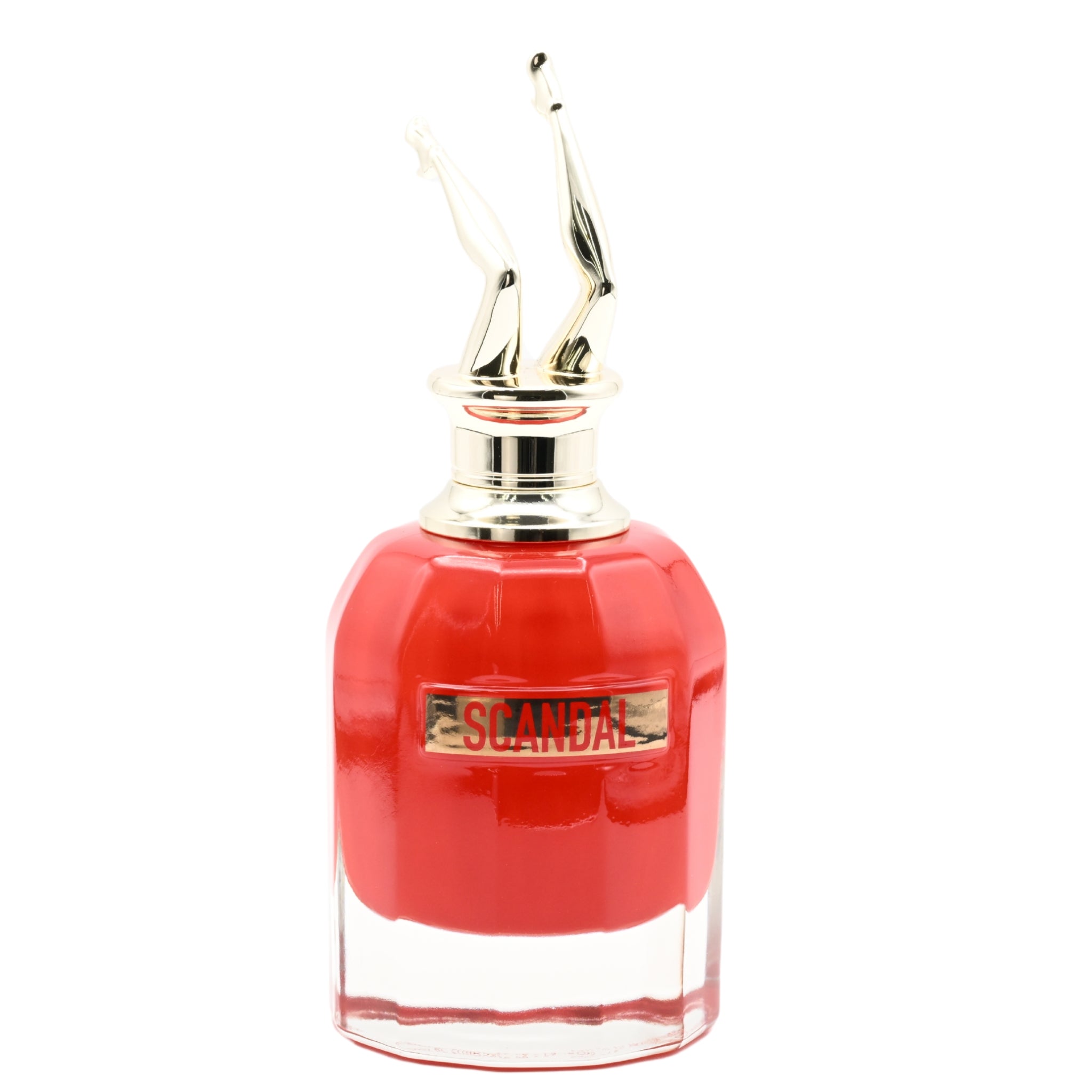 Red perfume bottle with gold cap on a white background