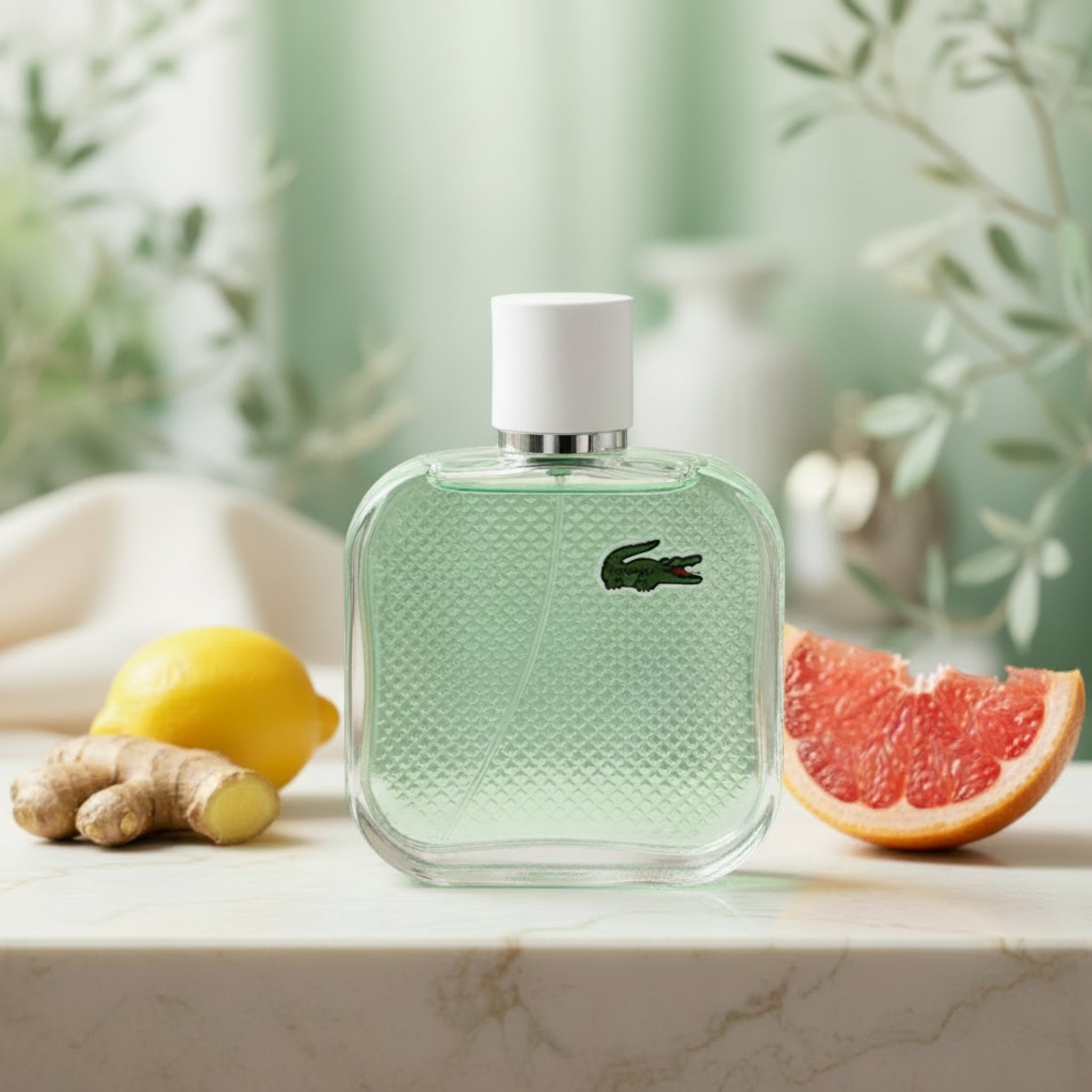 Lacoste perfume bottle on a table with lemons in the background