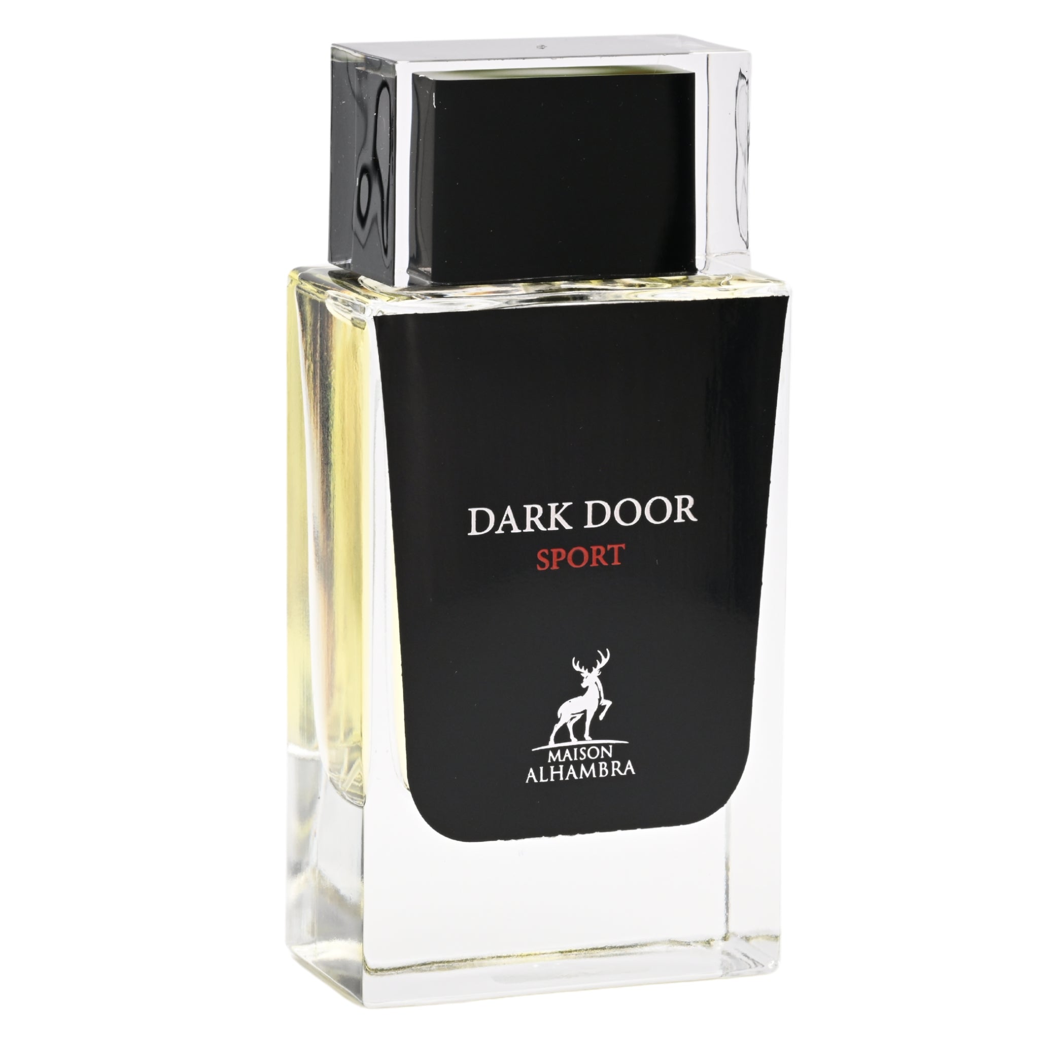 Perfume bottle labeled 'Dark Door Sport' by Maison Alhambra on a white background