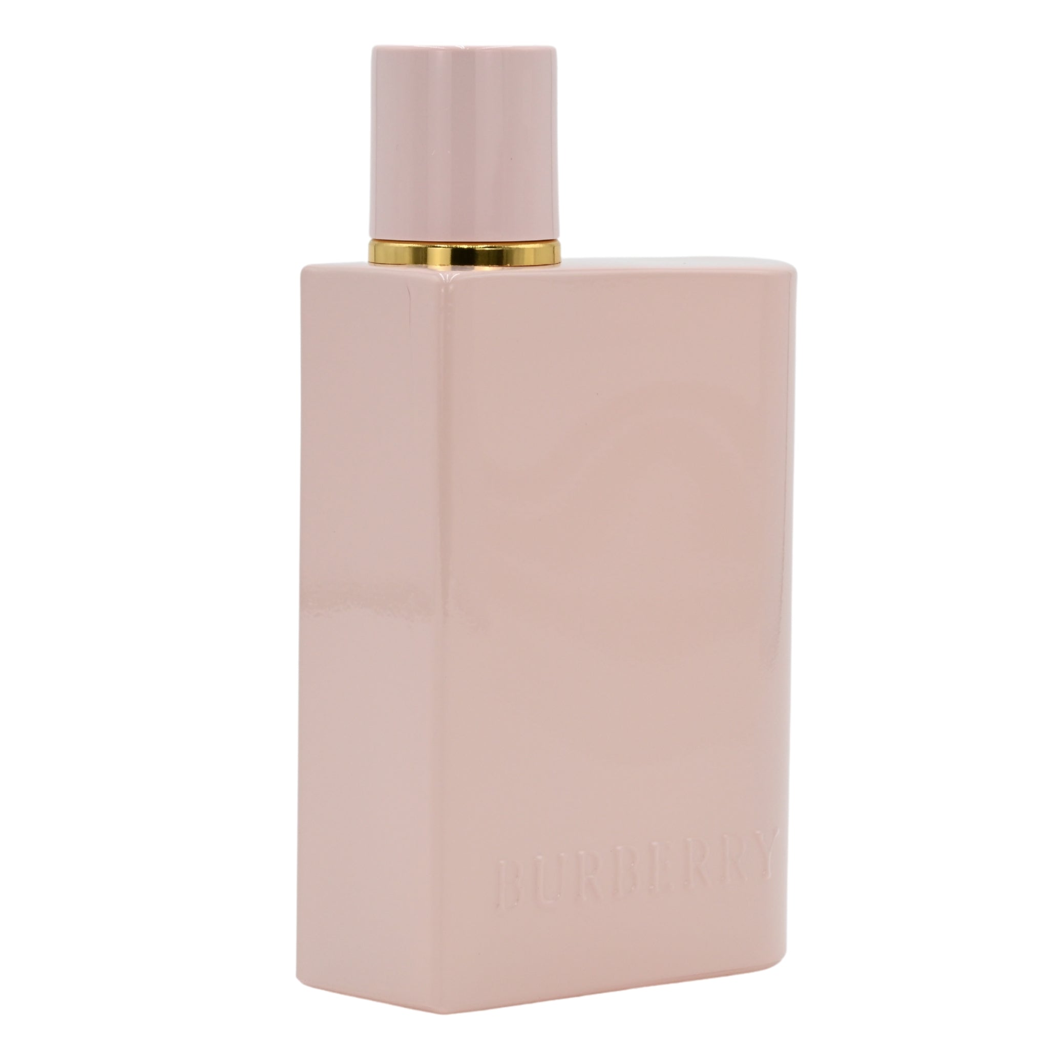 Pink perfume bottle with gold cap on a white background