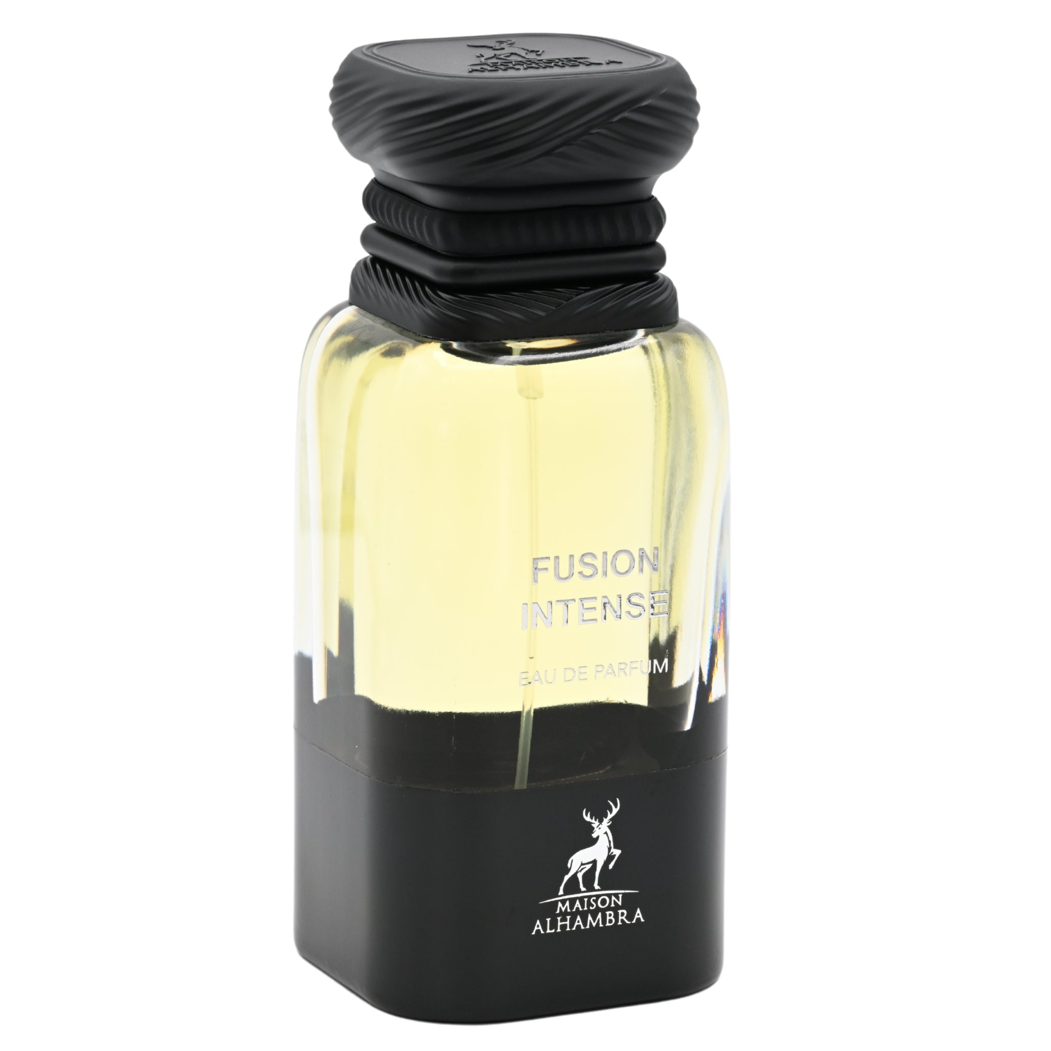 Perfume bottle labeled 'Fusion Intense' by Maison Alhambra on a white background