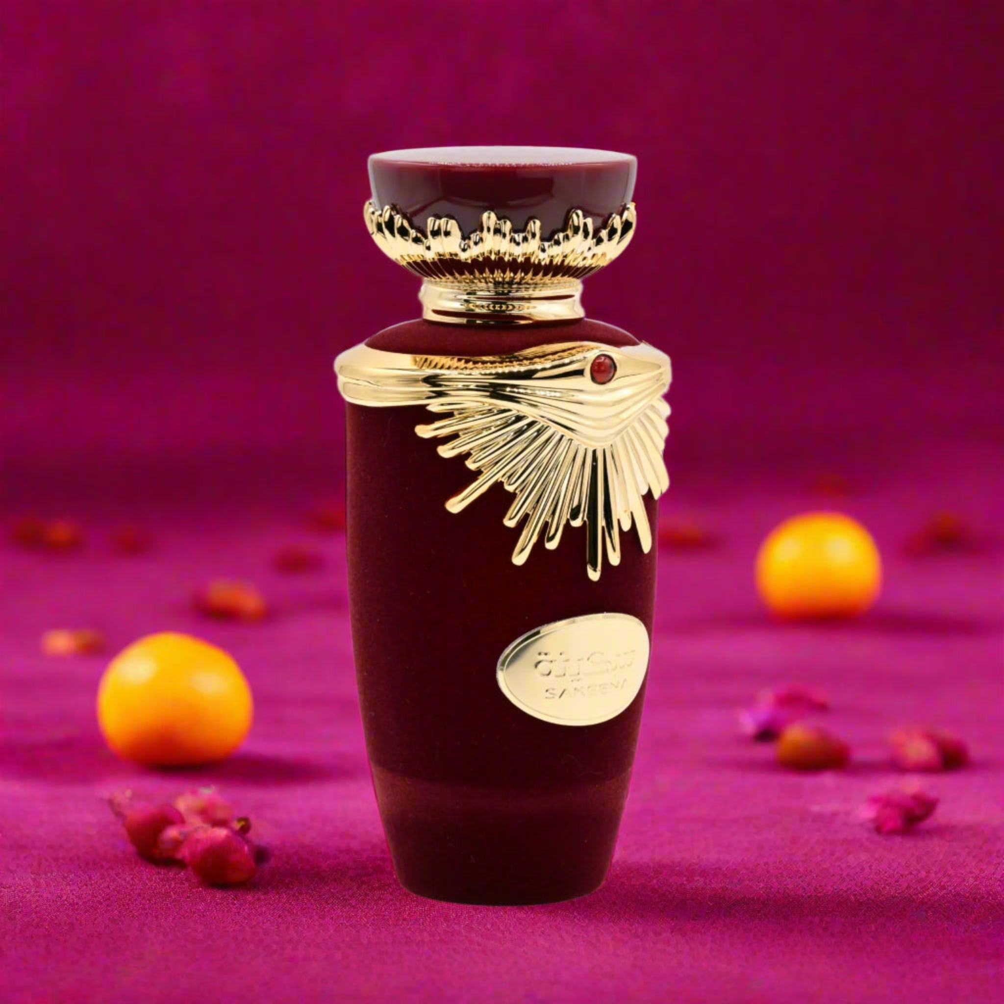Decorative bottle with gold accents on a purple background