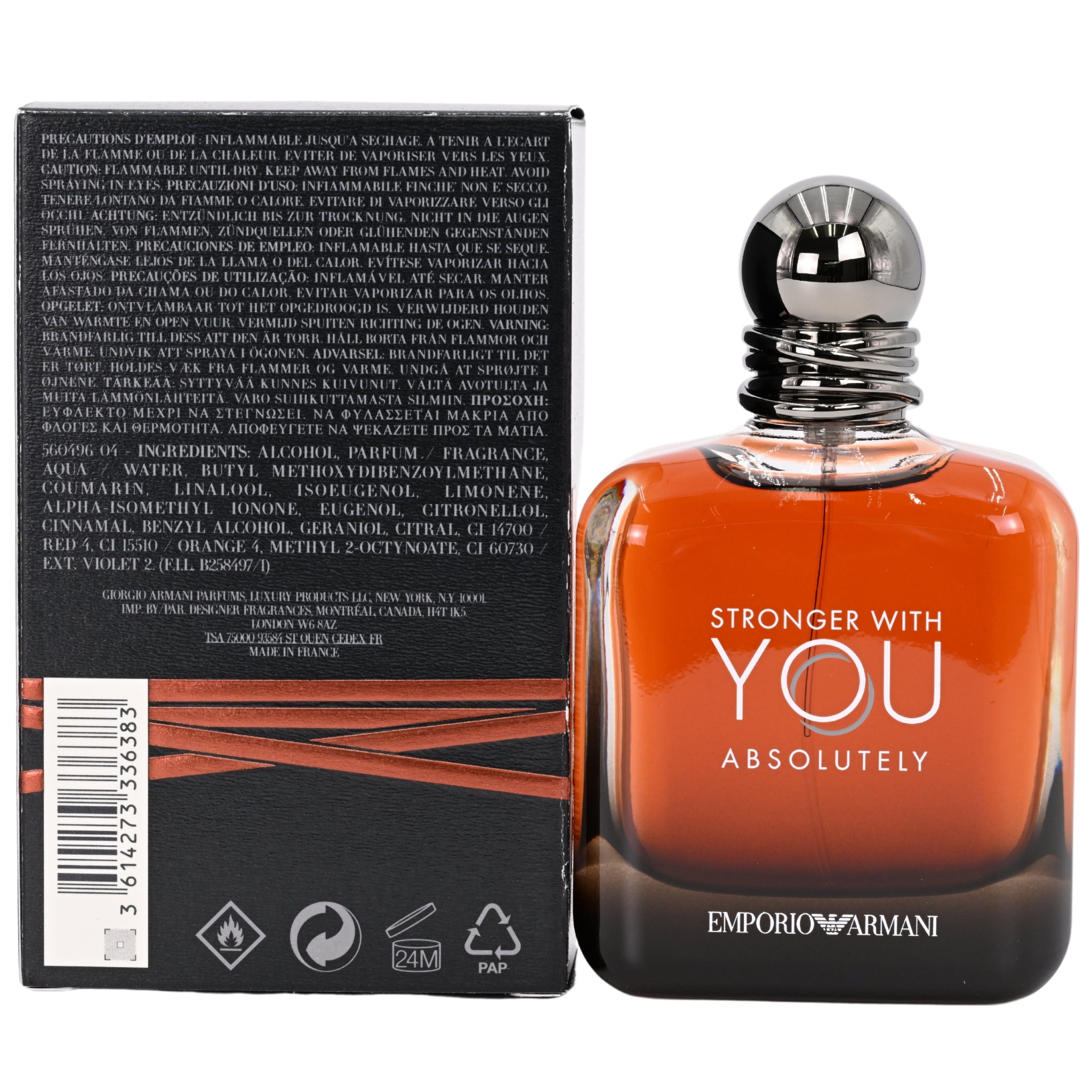 Orange perfume bottle with 'Stronger with You Absolutely' text and Emporio Armani logo, next to its packaging.
