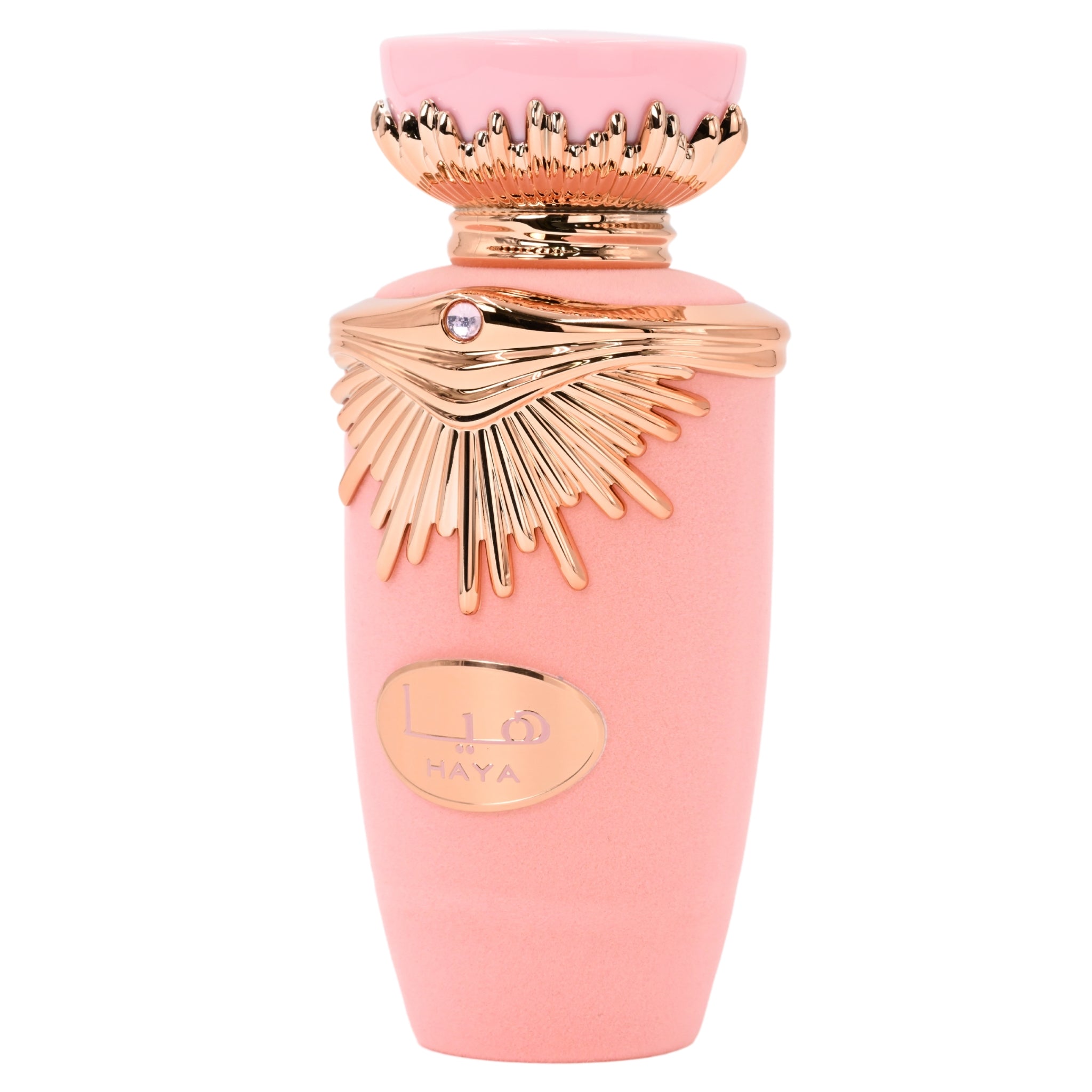 Pink perfume bottle with gold cap and decorative elements on a white background