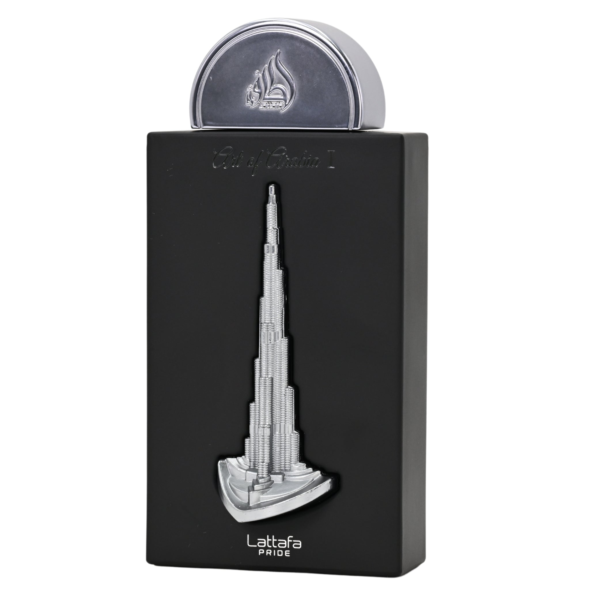 Lattafa perfume with Burj Khalifa design on a white background