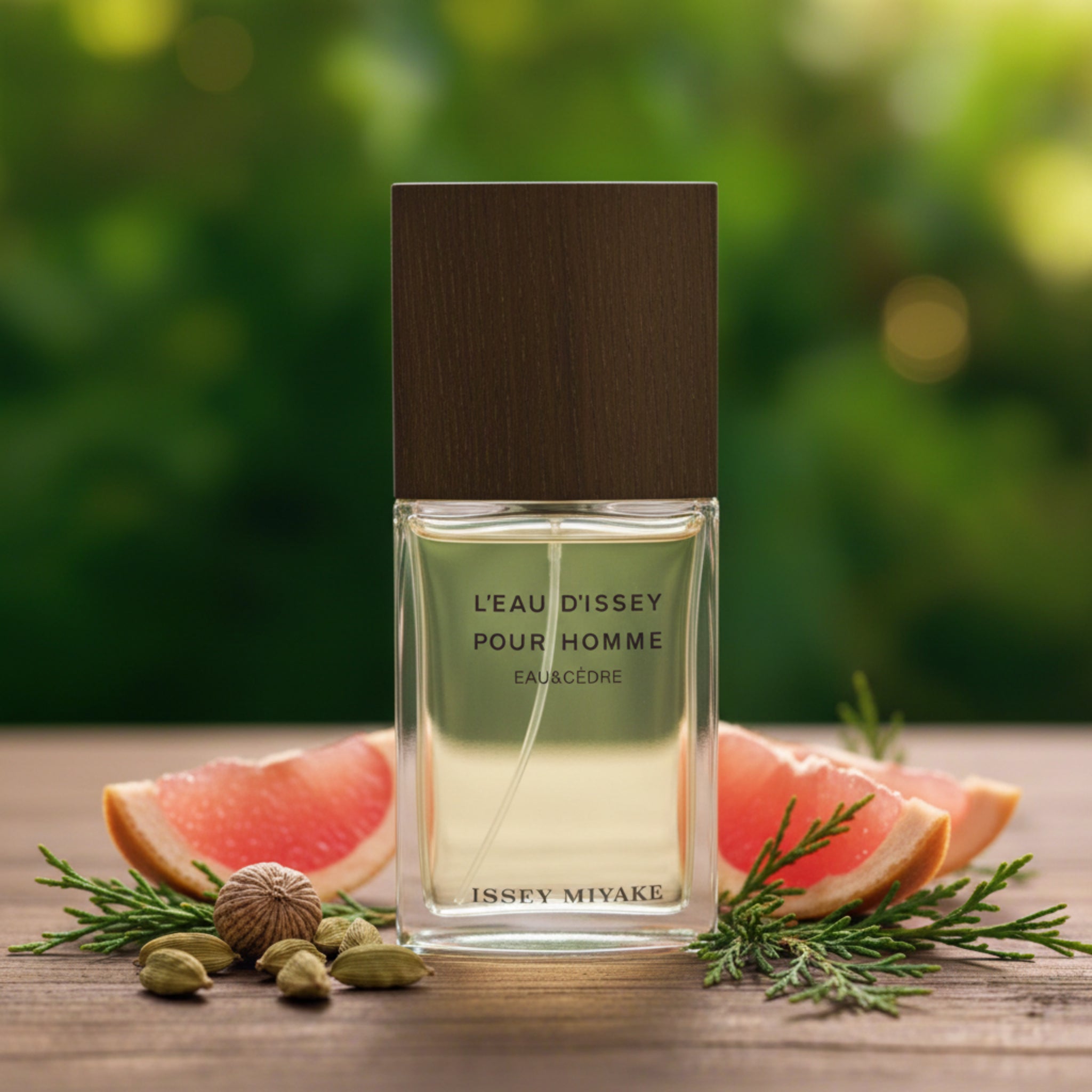 Issey Miyake L'Eau D'Issey Pour Homme perfume bottle on a wooden surface with blurred flowers in the background