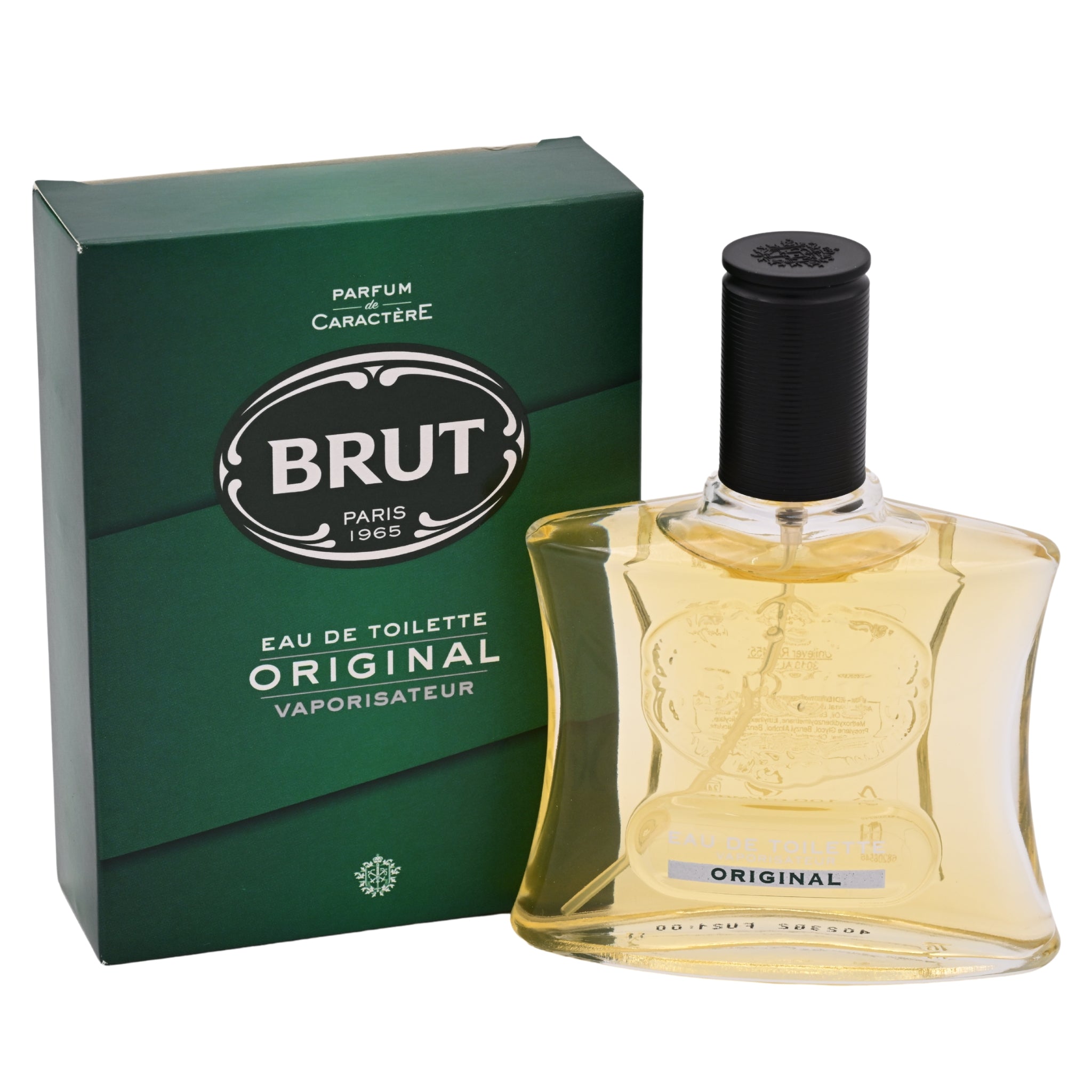 Brut perfume bottle and packaging on a white background