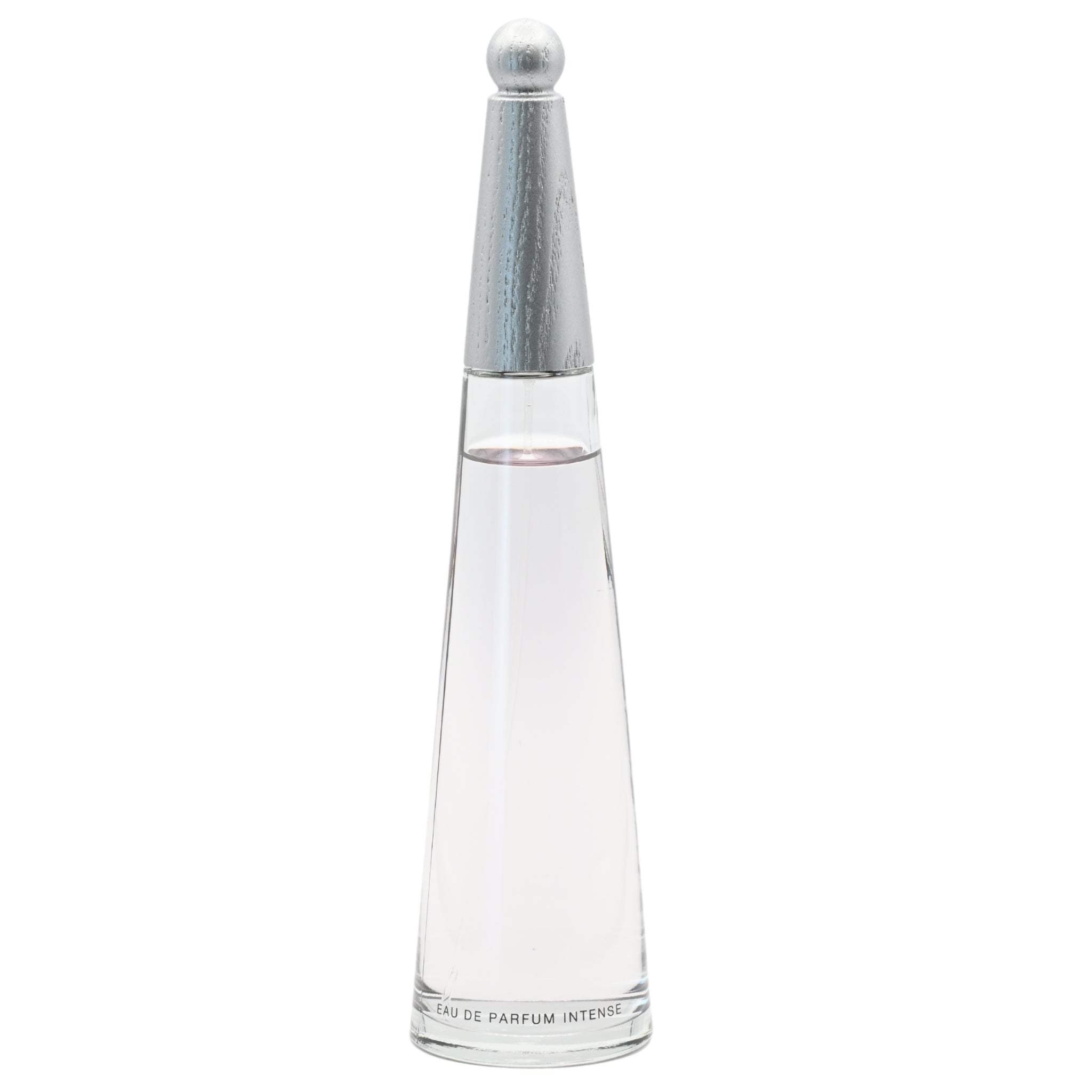 Clear perfume bottle with silver cap on a white background