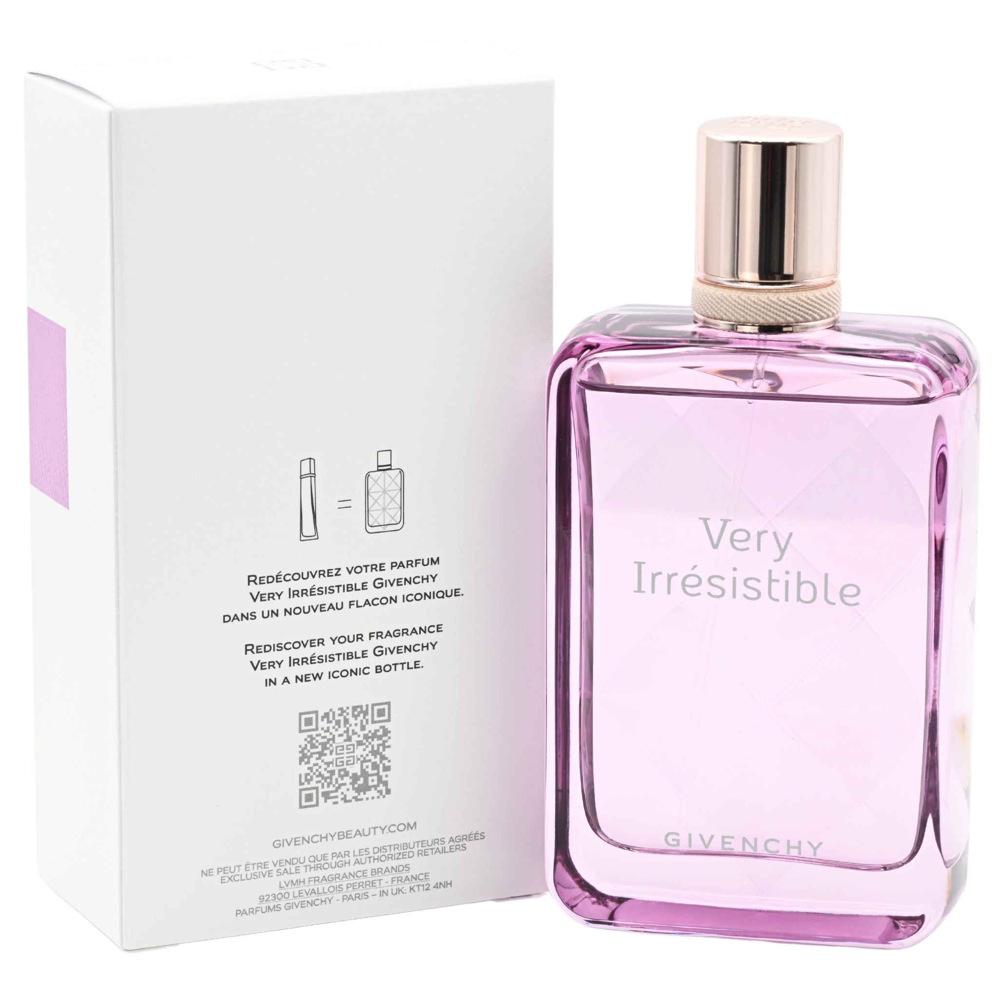 Pink Givenchy perfume bottle with packaging on a white background