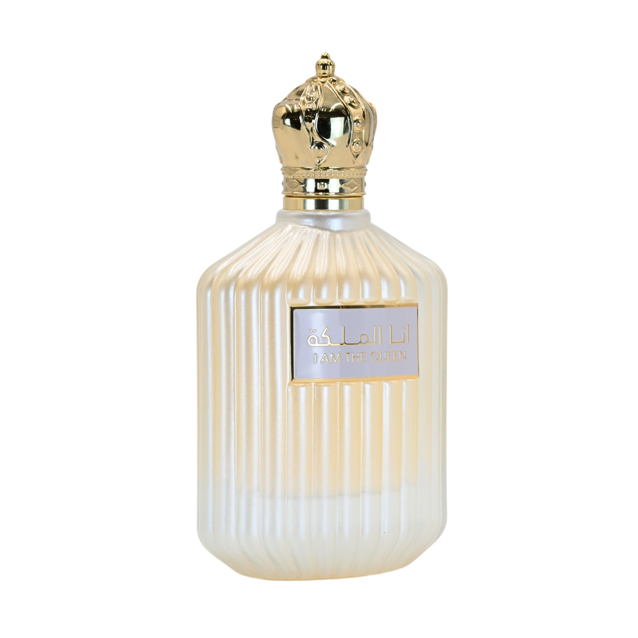 Perfume bottle with gold cap on a white background