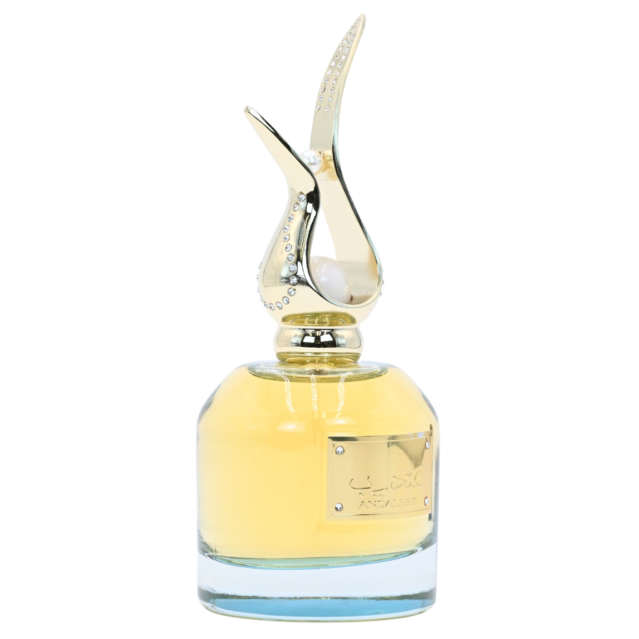 Perfume bottle with decorative cap on a white background