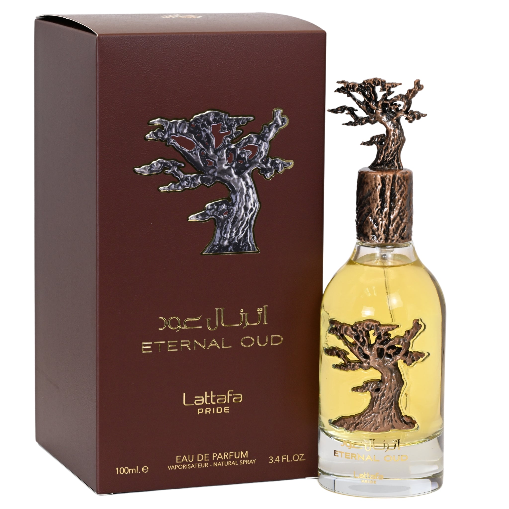 Lattaafa Eternal Oud perfume bottle and packaging on a white background