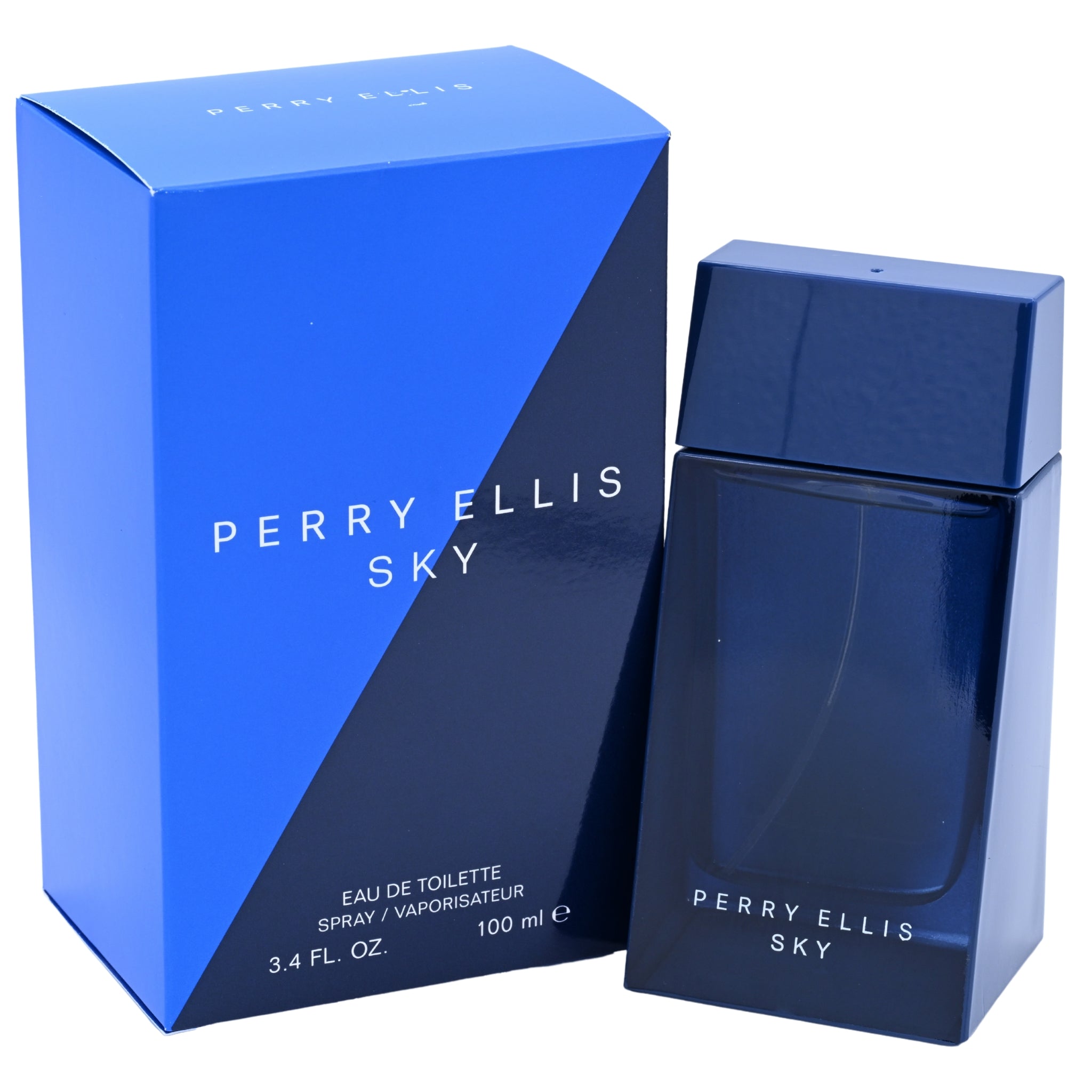 Perry Ellis Sky perfume bottle and packaging on a white background