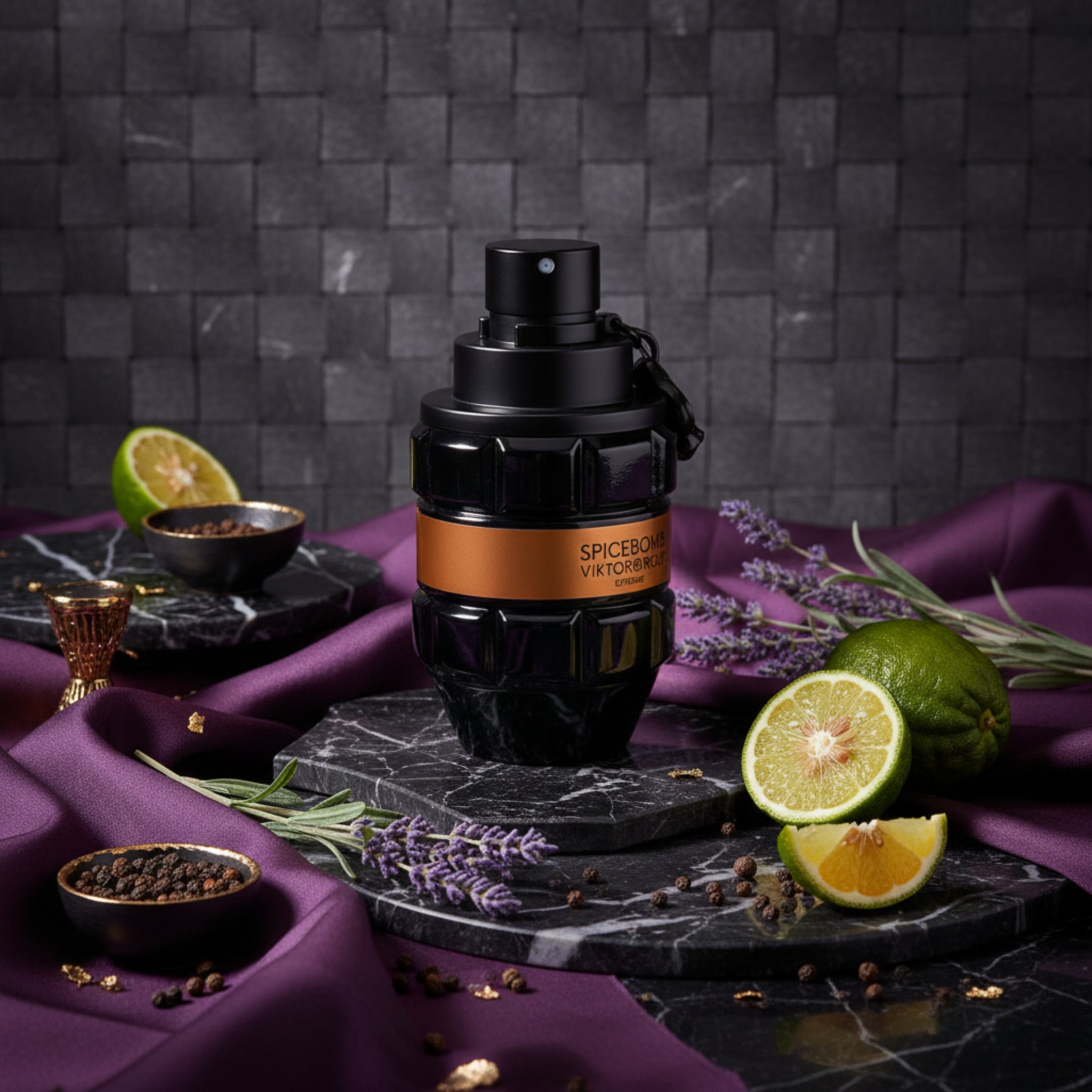 Black and orange perfume bottle with 'Spicebomb' text on a reflective surface.