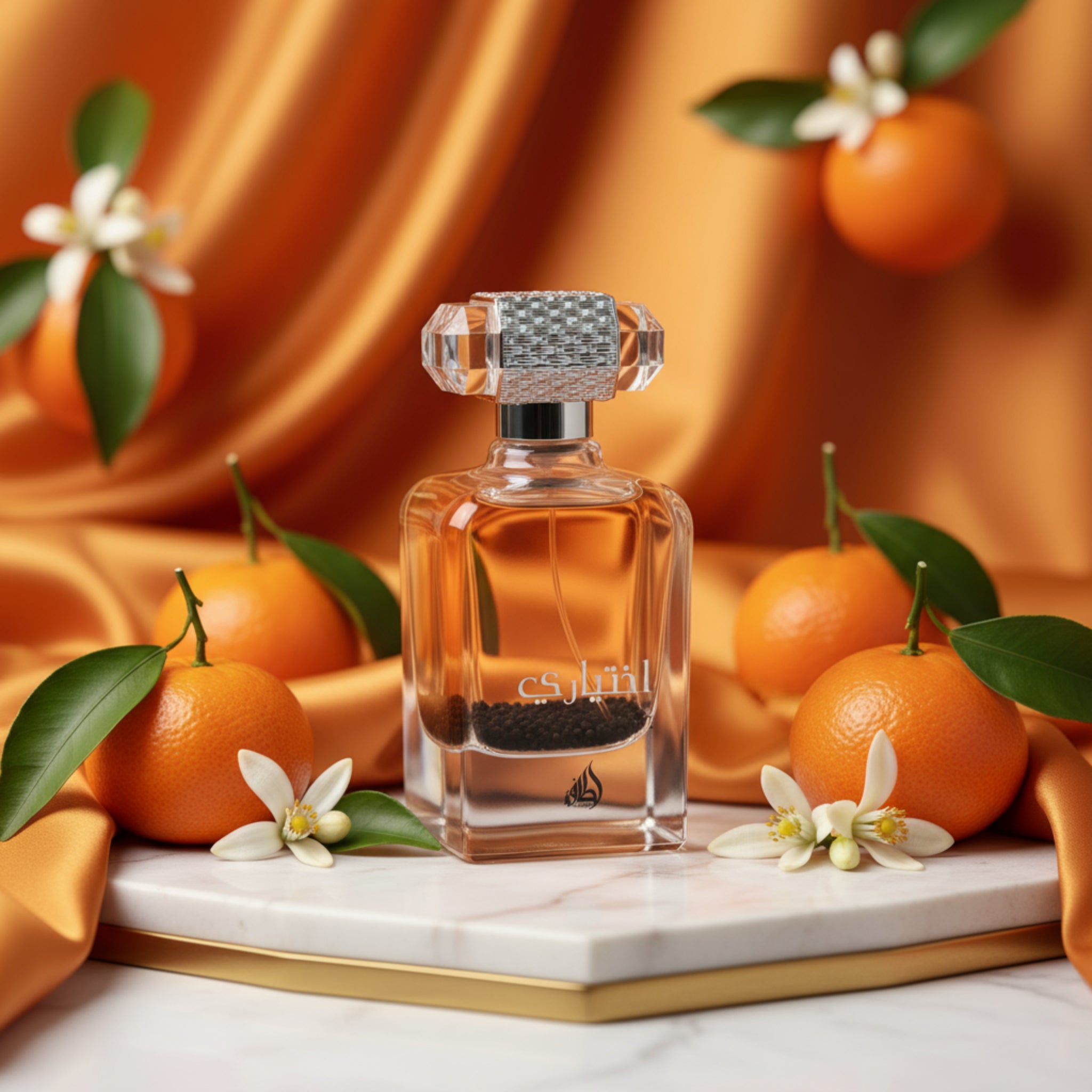 Perfume bottle with decorative cap on a white background