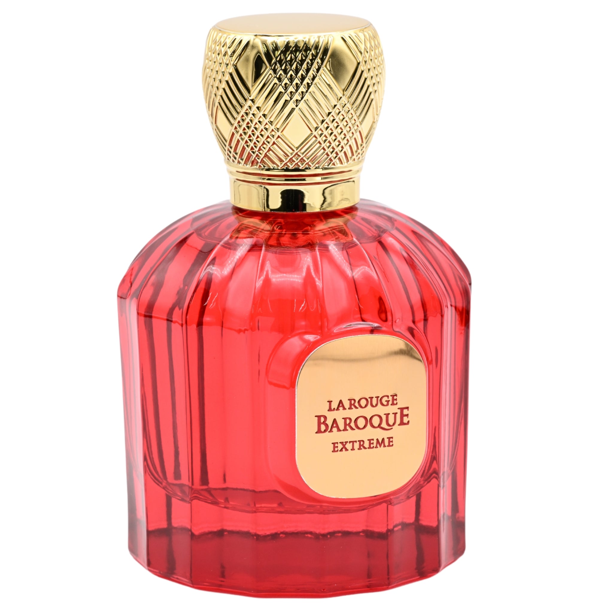 Red perfume bottle with gold cap and 'Larouge Baroque Extreme' label on a white background