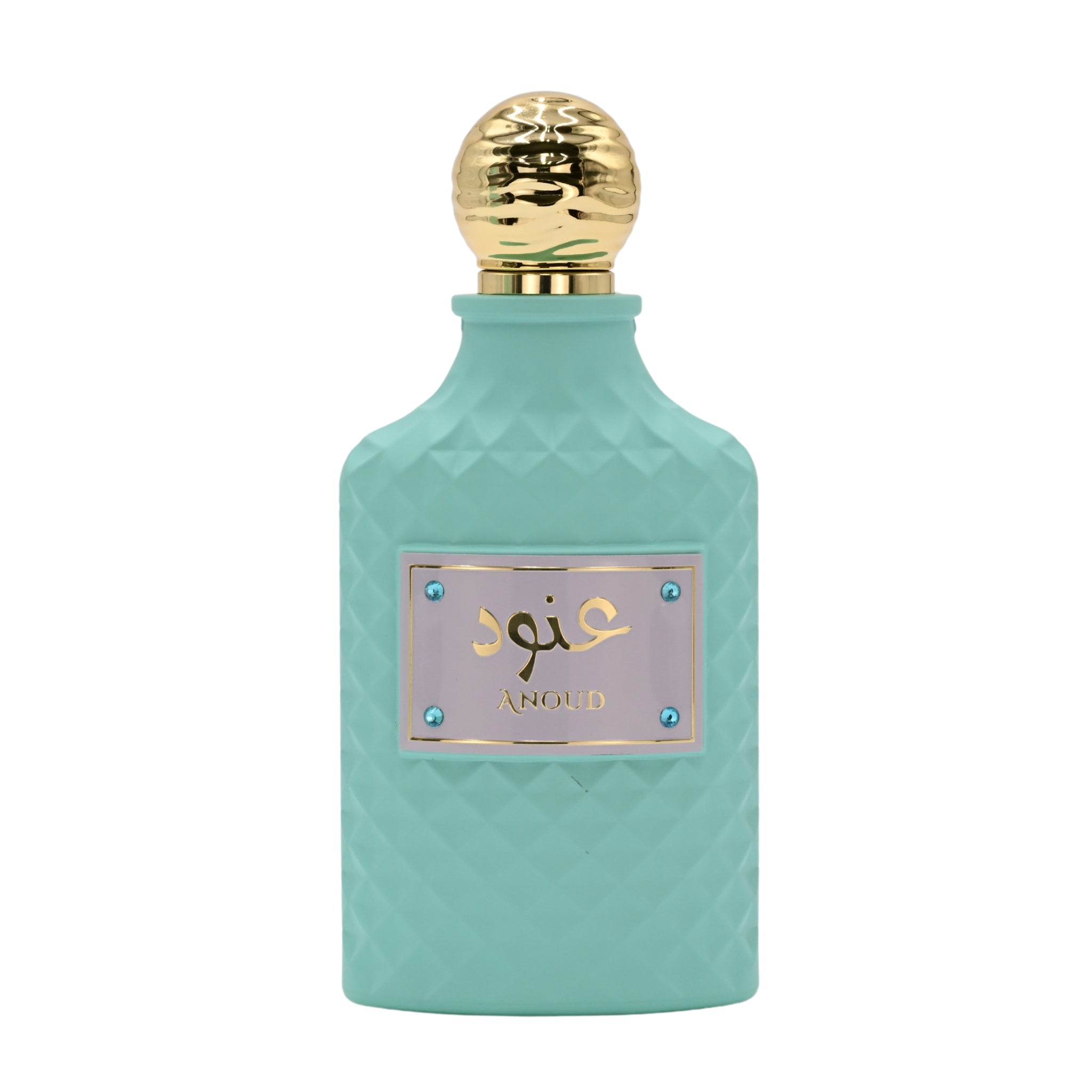 Perfume bottle with gold cap and label on a white background