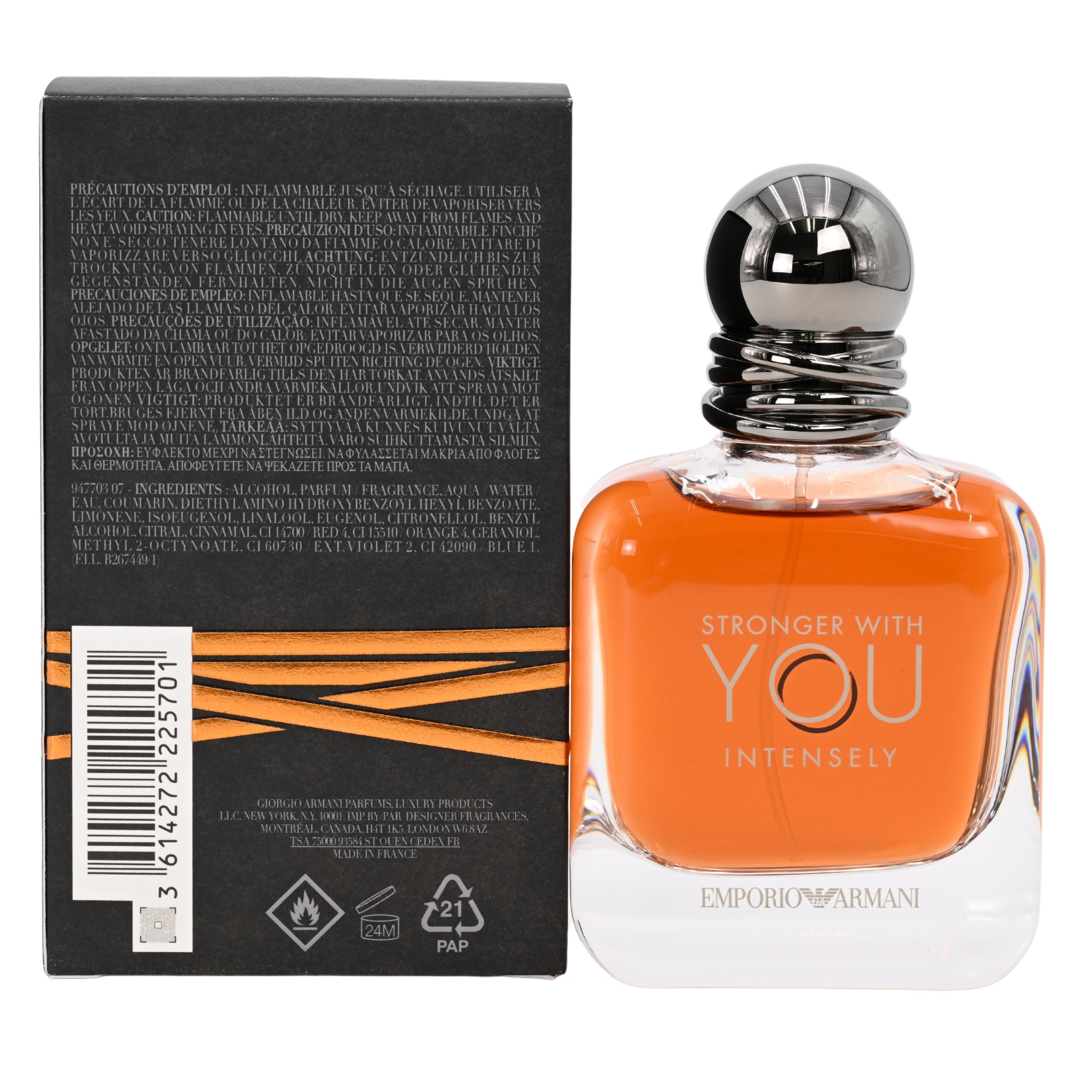 Orange perfume bottle with silver cap and 'Stronger with You Intensely' text, next to black packaging with white text.