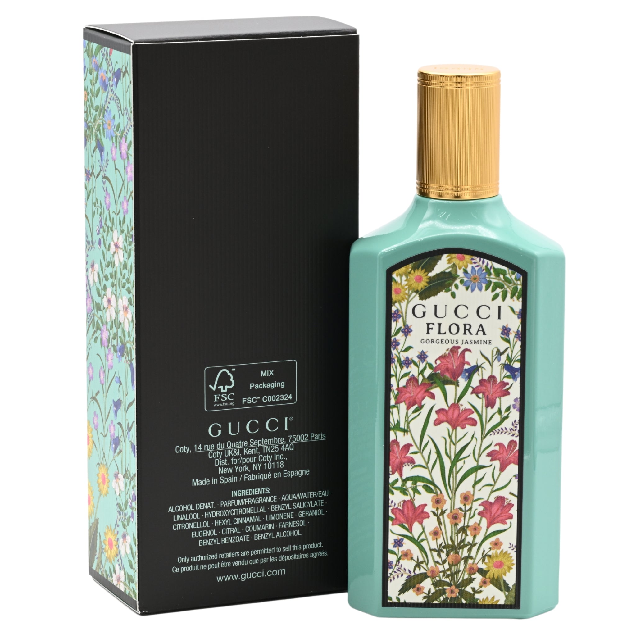 Gucci Flora perfume bottle with floral design and matching box on a white background