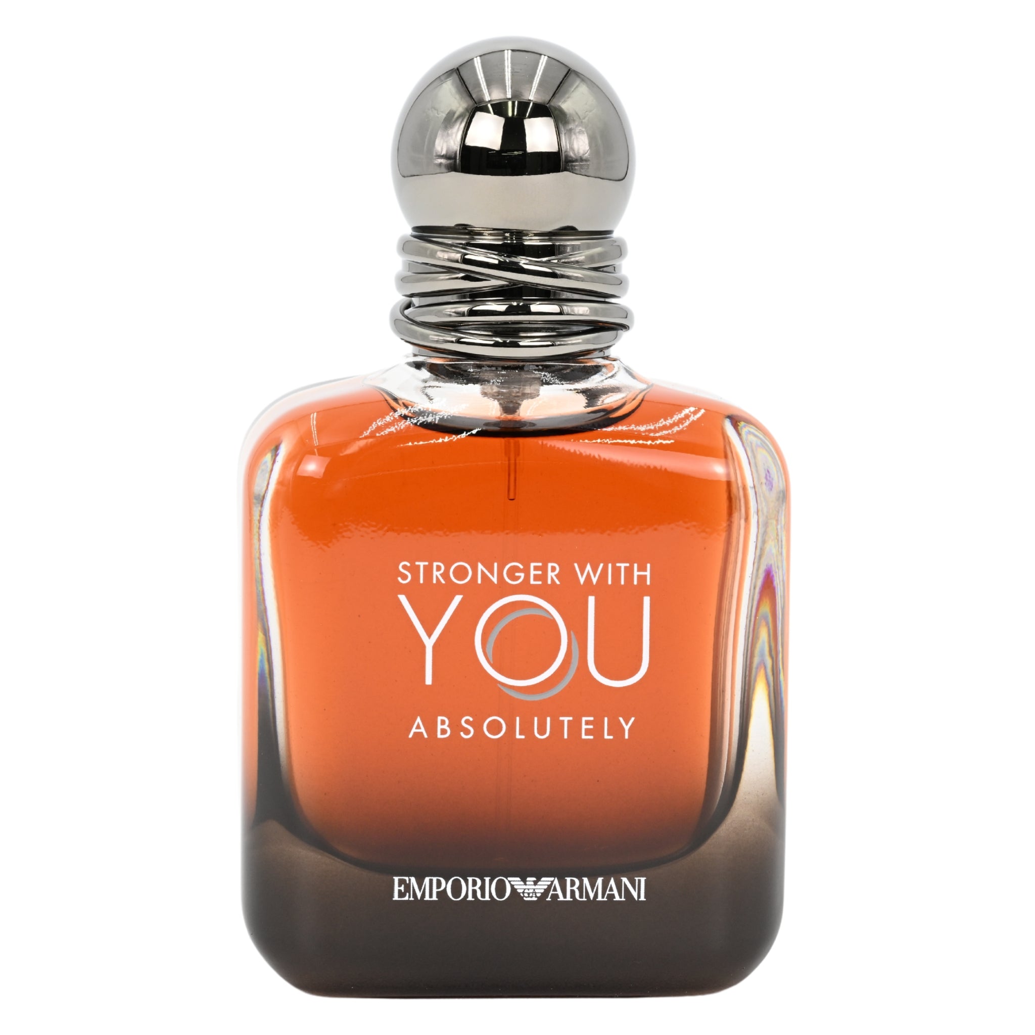 Perfume bottle with 'Stronger with You Absolutely' text and Emporio Armani logo on a white background