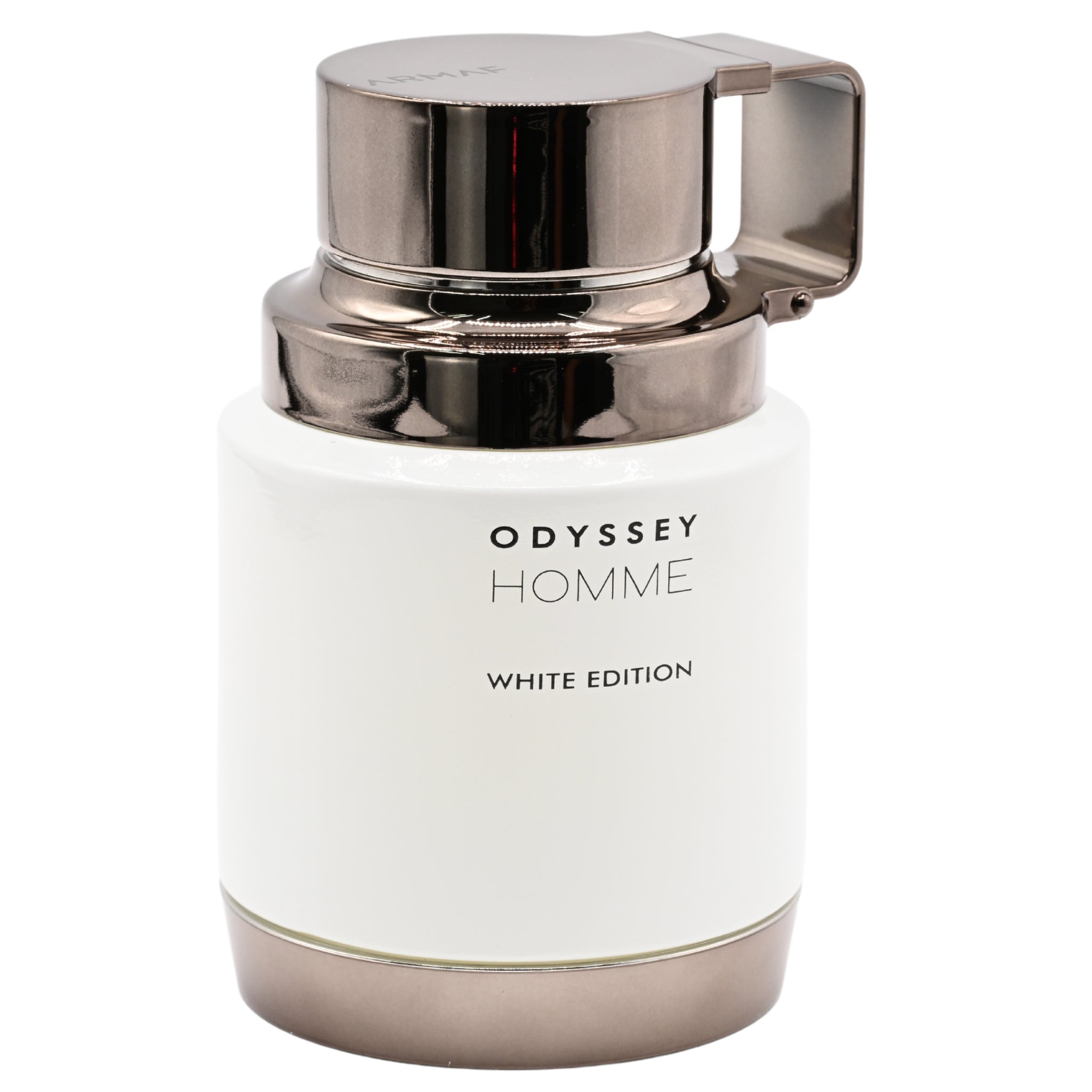 White Odyssey Homme perfume bottle with silver cap on a white background