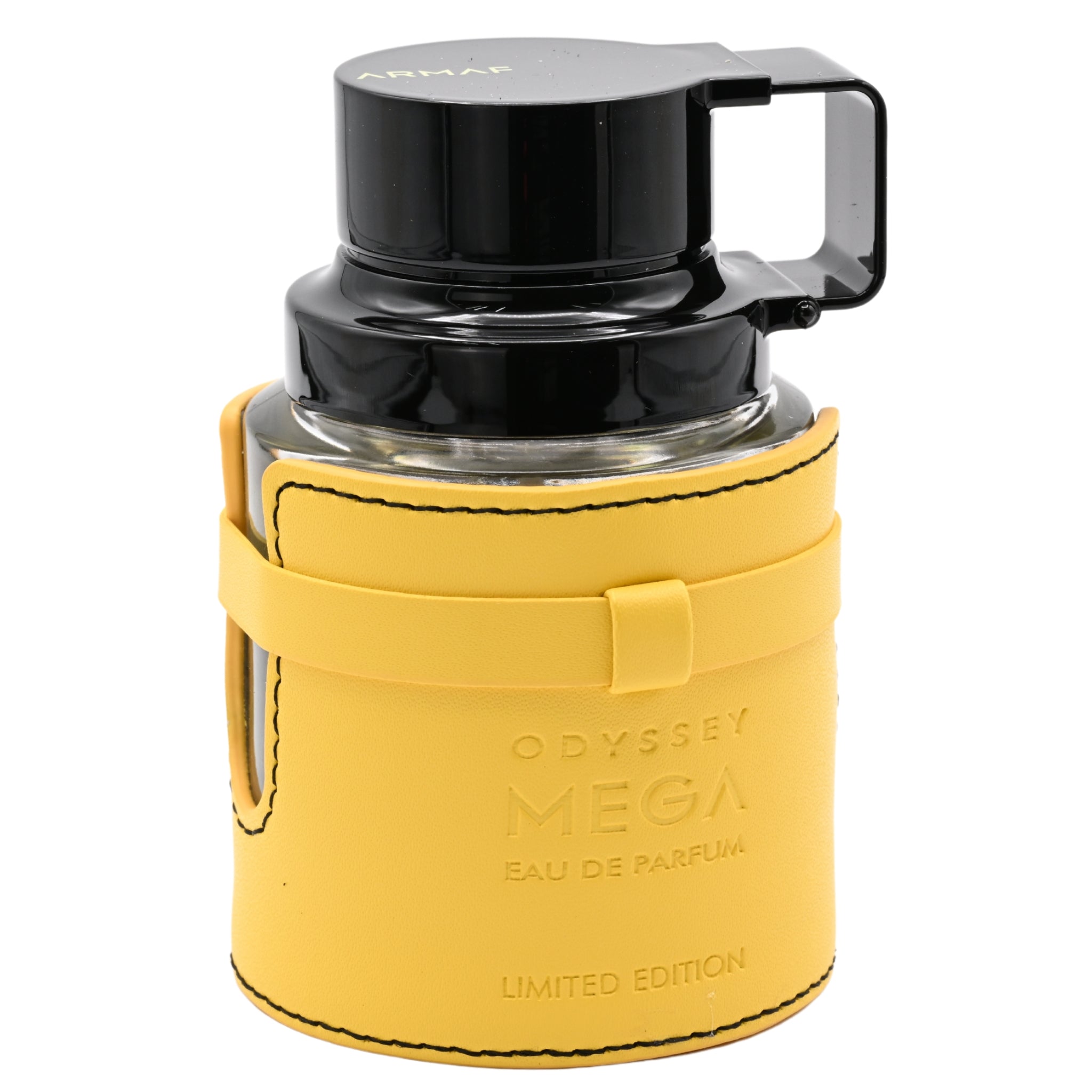 Yellow and black perfume bottle with 'Odyssey Mega' branding on a white background