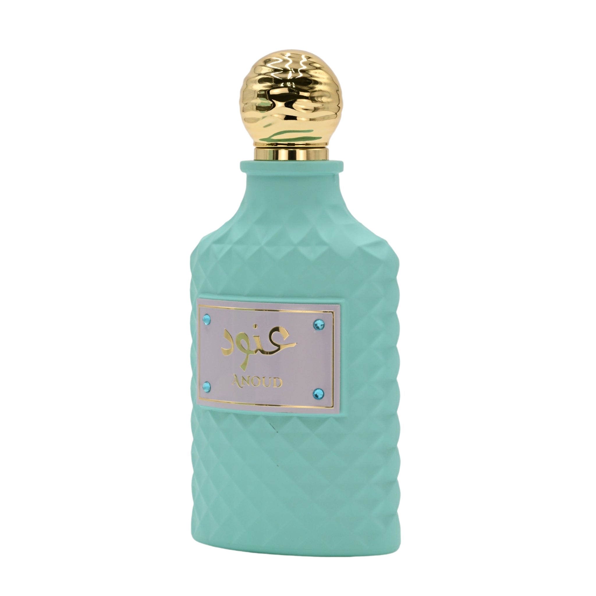 Teal perfume bottle with gold cap on a white background