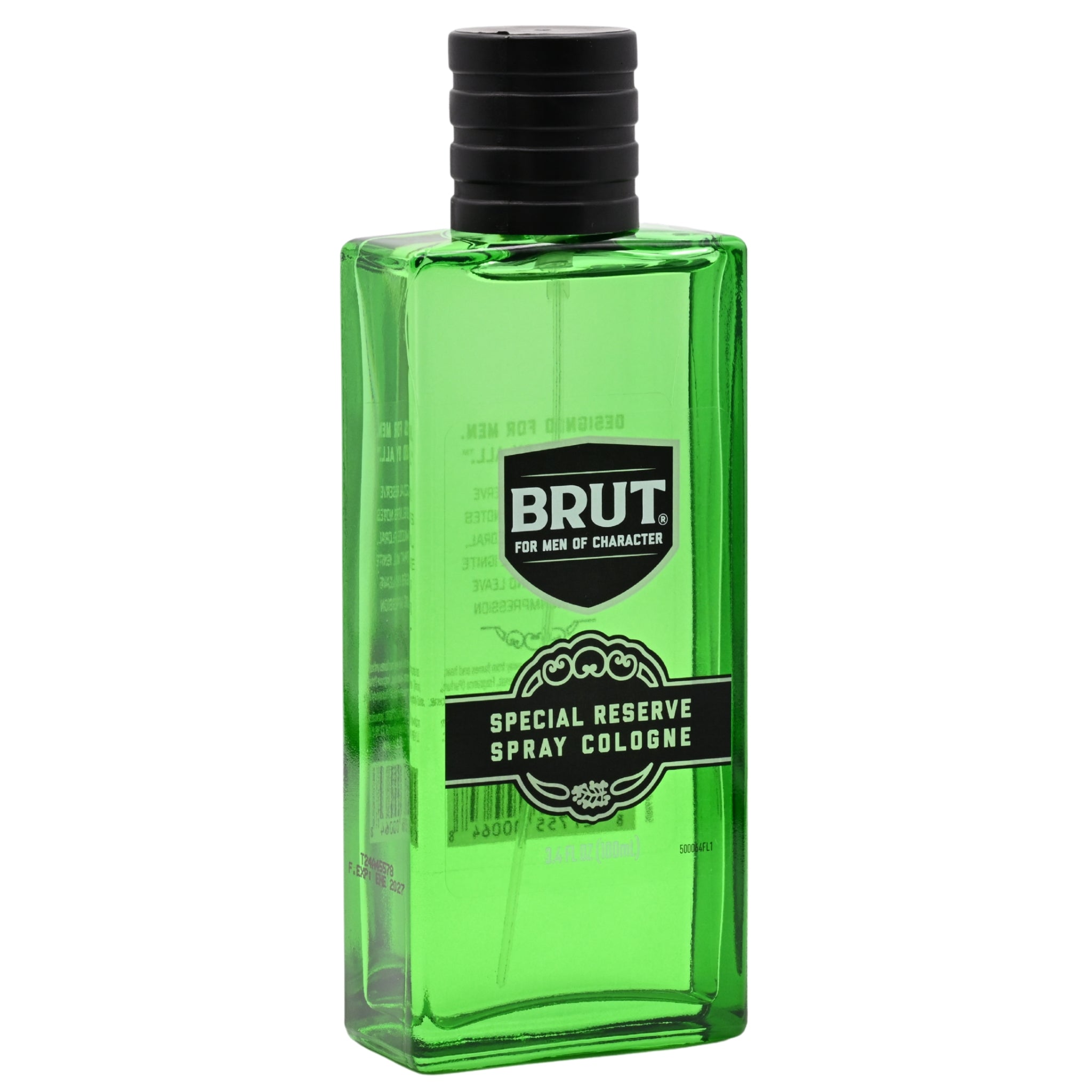 Green bottle of Brut Special Reserve Spray Cola on a white background