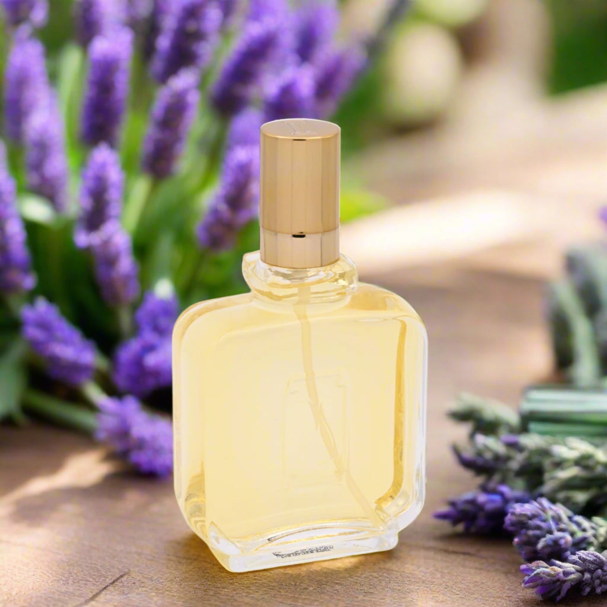 Clear glass perfume bottle with gold cap on a white background