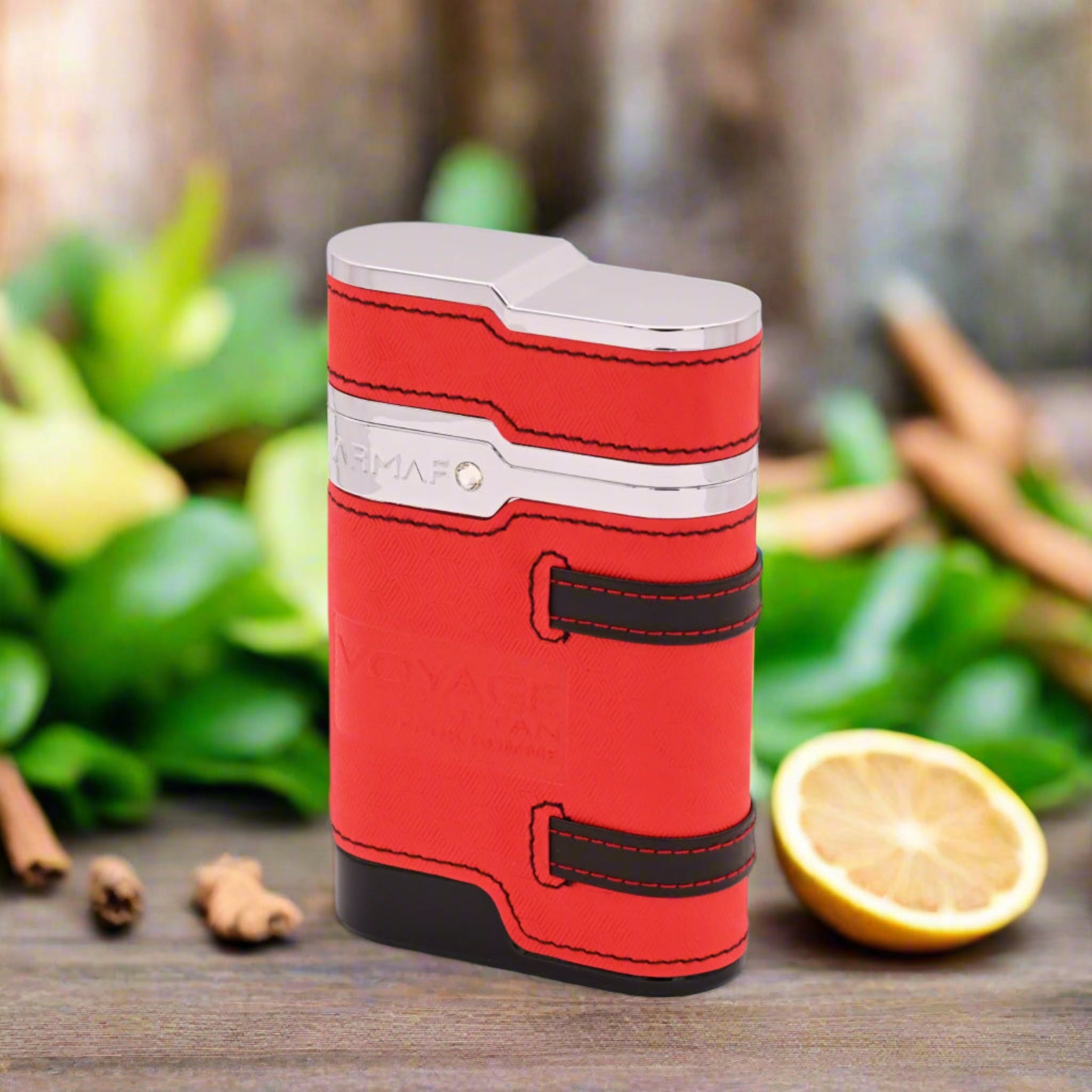 Red lighter with silver top and black accents on a white background