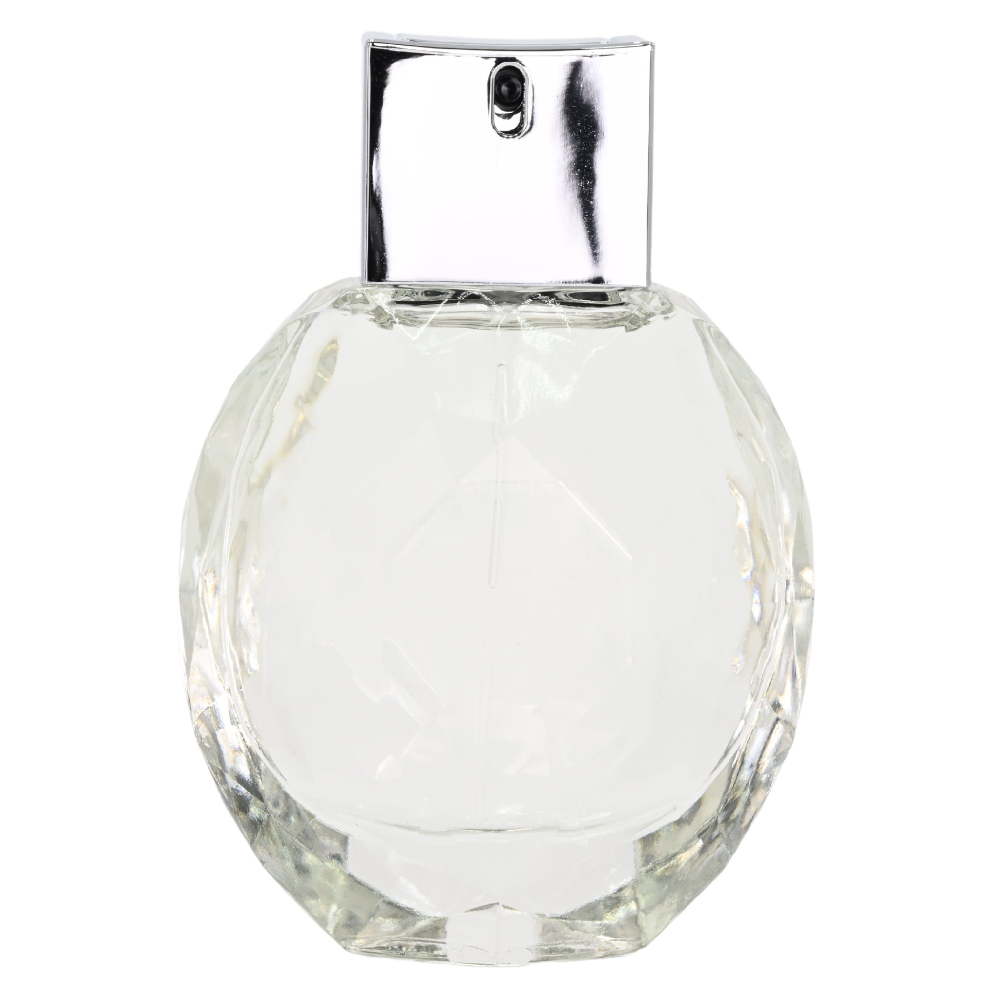 Clear glass perfume bottle with a silver cap on a white background