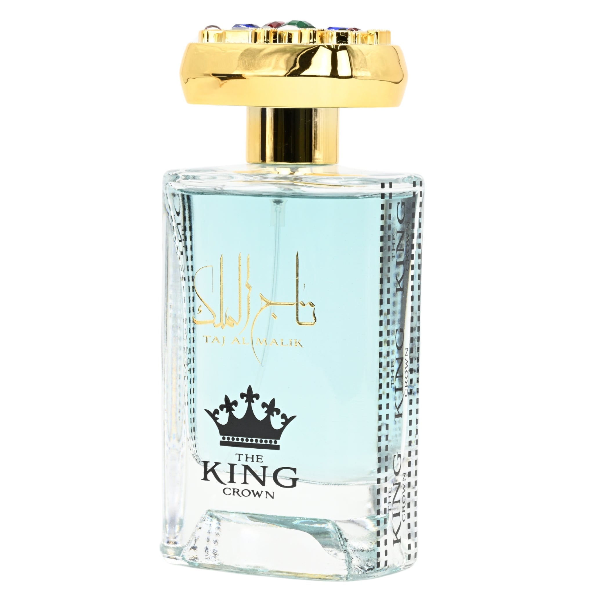 Perfume bottle with gold cap and 'The King Crown' branding on a white background