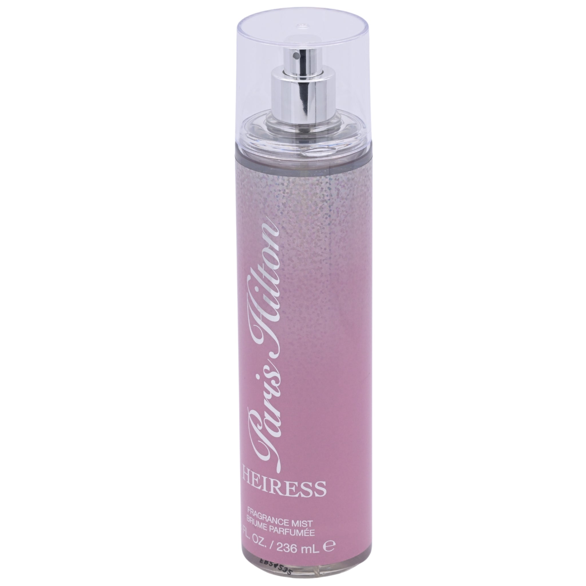 Pink Paris Hilton Heiress fragrance mist bottle on a white background