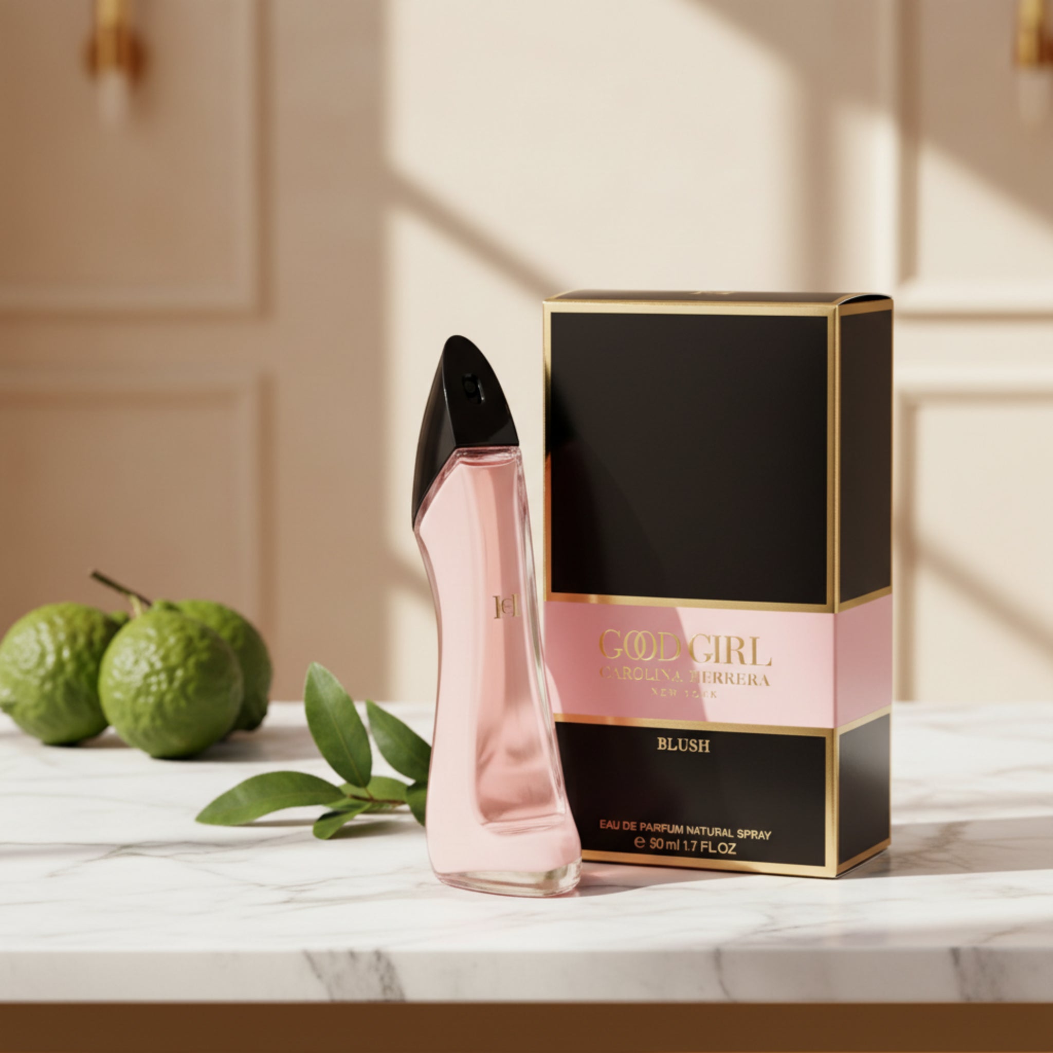 Pink perfume bottle with black cap and 'Good Girl' packaging on a white background