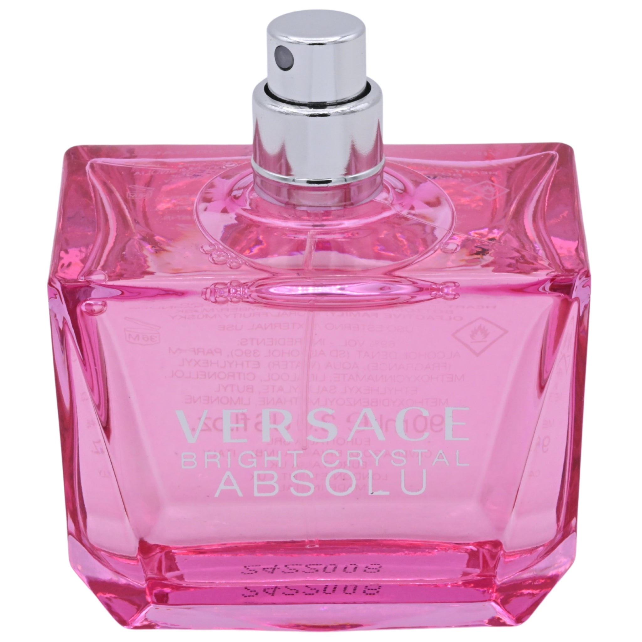 Pink Versace perfume bottle on a white background