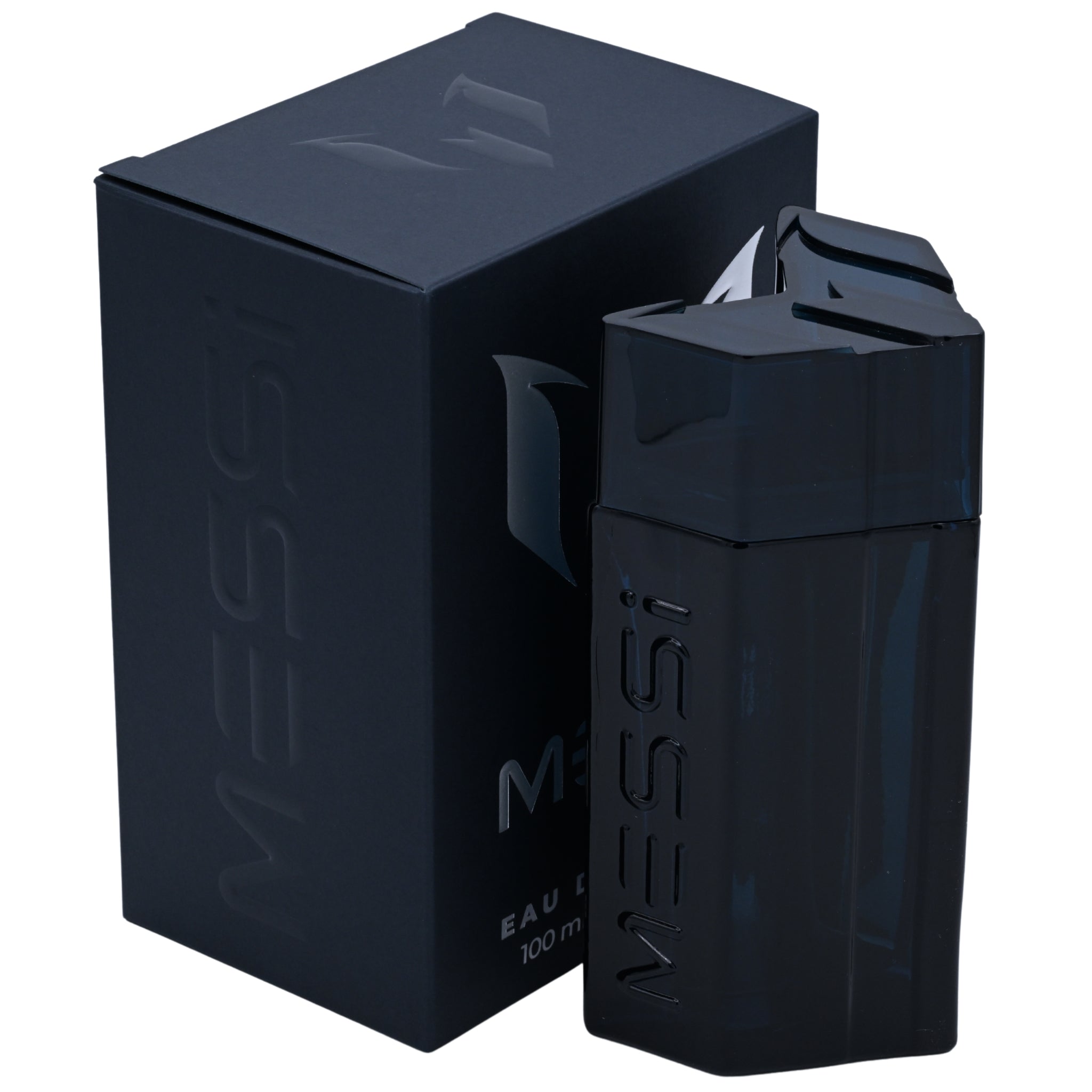Black MESSI perfume bottle and packaging on a white background