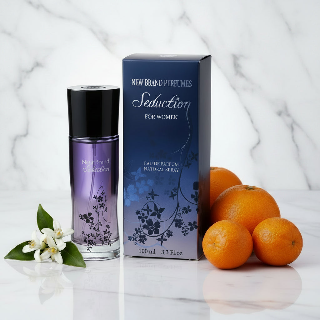 Perfume bottle and packaging of 'New Brand Perfumes Seduction for Women' on a white background